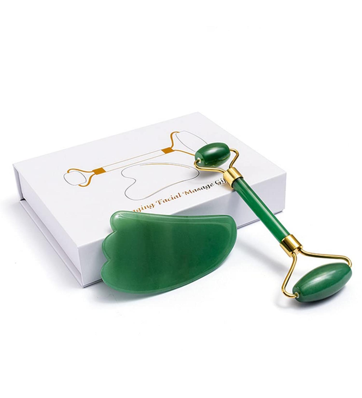 Jade Facial Roller Gua Sha Massager Tool Set for Neck Eye Back Leg Anti-Wrinkle Anti-Aging - Buy Online on GoSupps.com