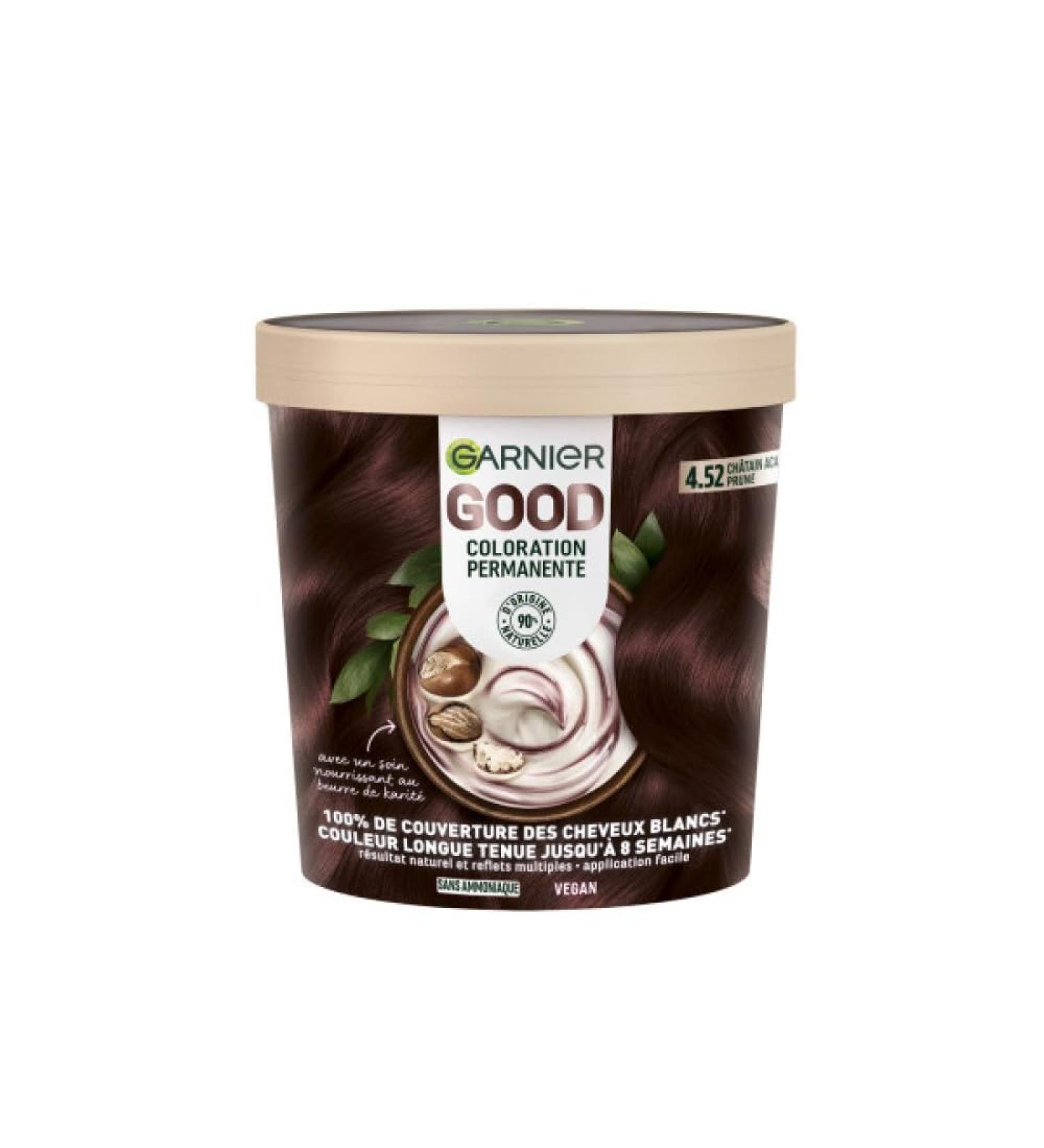 Garnier - Coloration Permanente - Sans Ammoniaque - 90% d'Ingr dients d'Origine Naturelle et Formule Vegan - Beurre de Karit - 100% Couverture Cheveux Blancs - Ch tain Acajou Prune (4.52) - Good CHATAIN ACAJOU PRUNE 4.52 - Buy Online on GoSupps.com