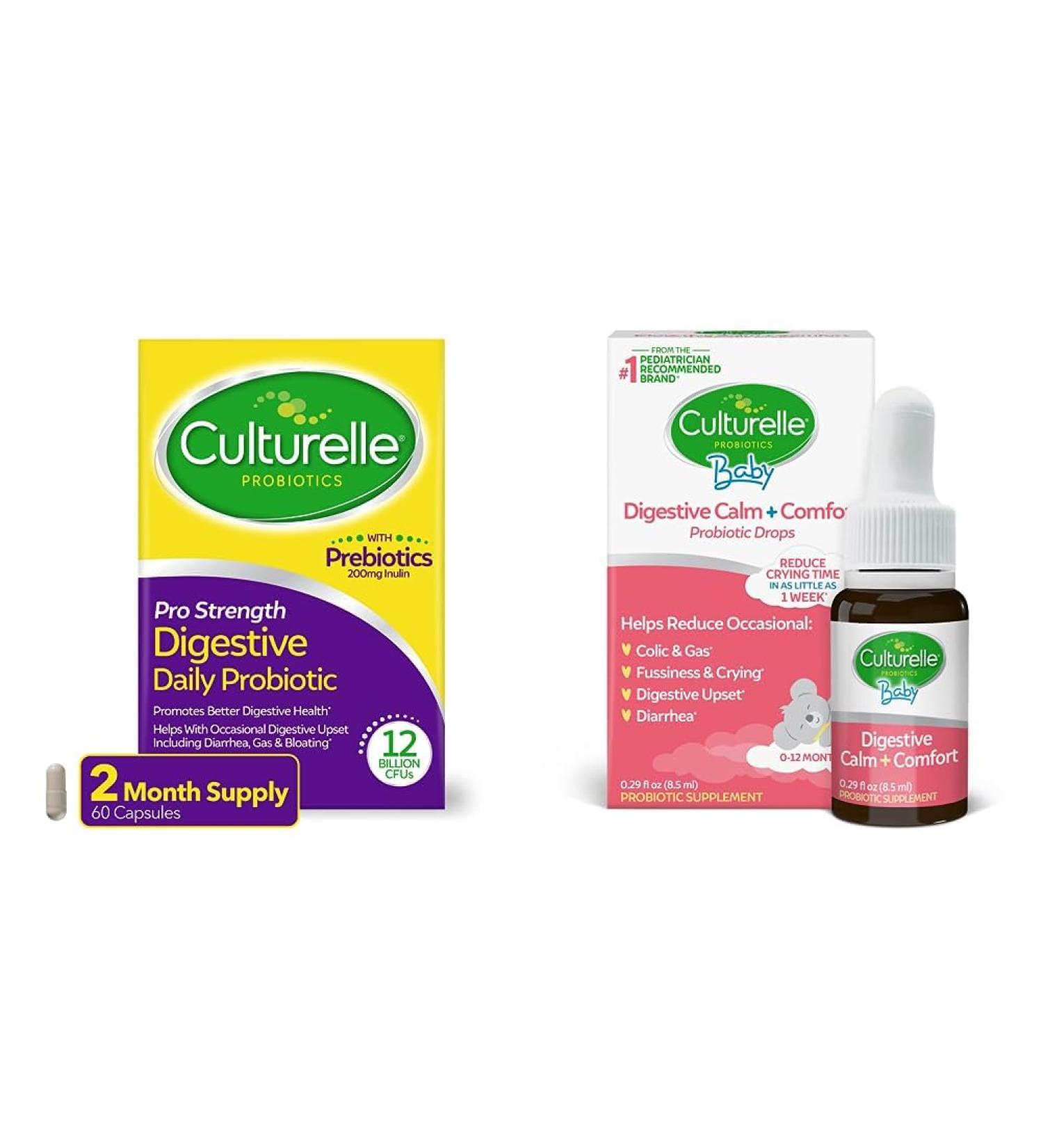 Culturelle Pro Strength Daily Probiotic Capsules Probiotics for Men & Women 60 Count 2 Months + Baby Digestive Calm & Comfort Probiotic (Age 0-12 Mos) Helps Periodic Colic Gas Fussiness 8.5 ml - Buy Online on GoSupps.com