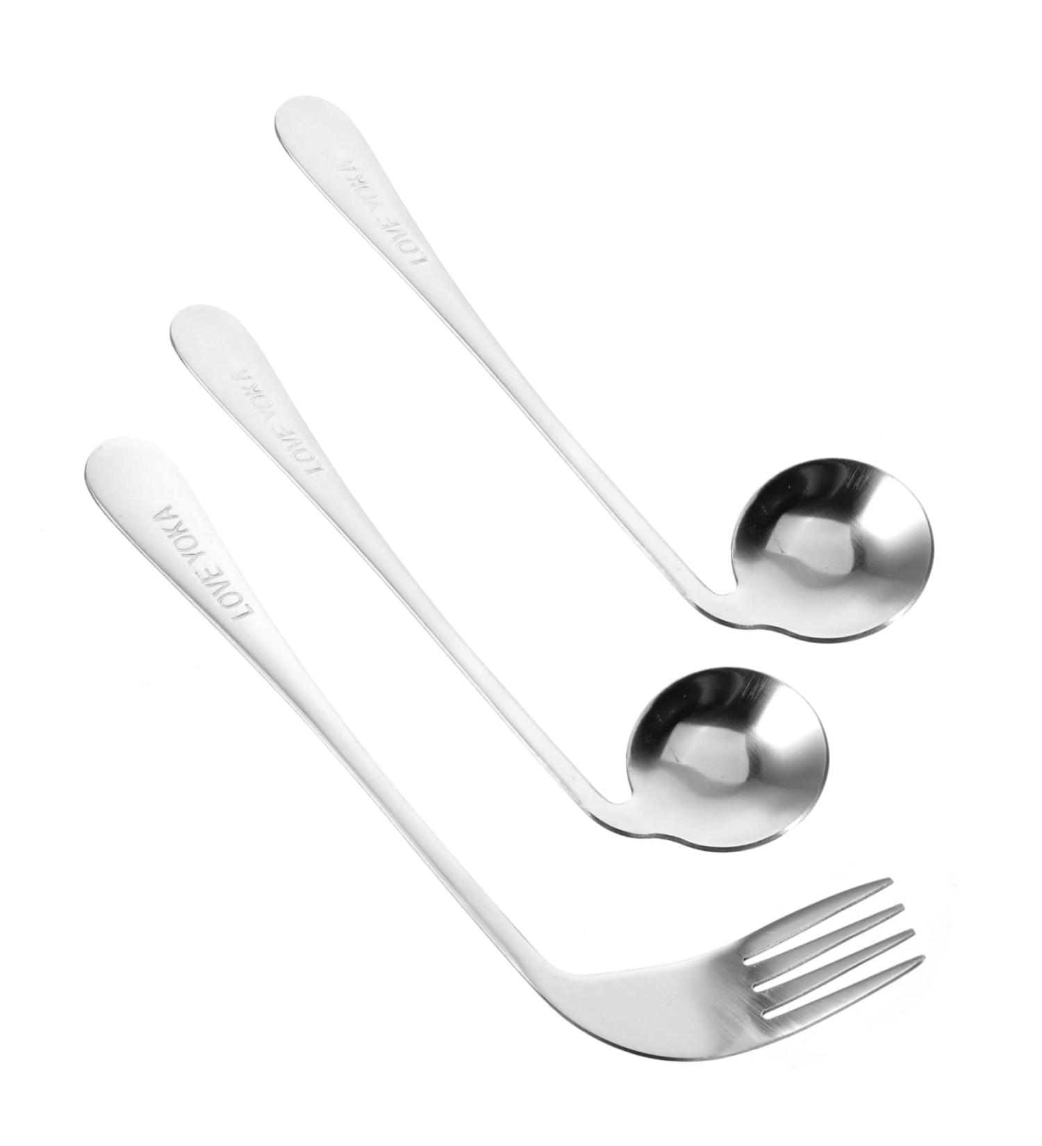 Lurrose Left Handed Cutlery Set - Angled Spoon & Curved Training Fork - Stainless Steel Baby Feeding Utensils - 17x4.5cm Silver - Buy Online on GoSupps.com