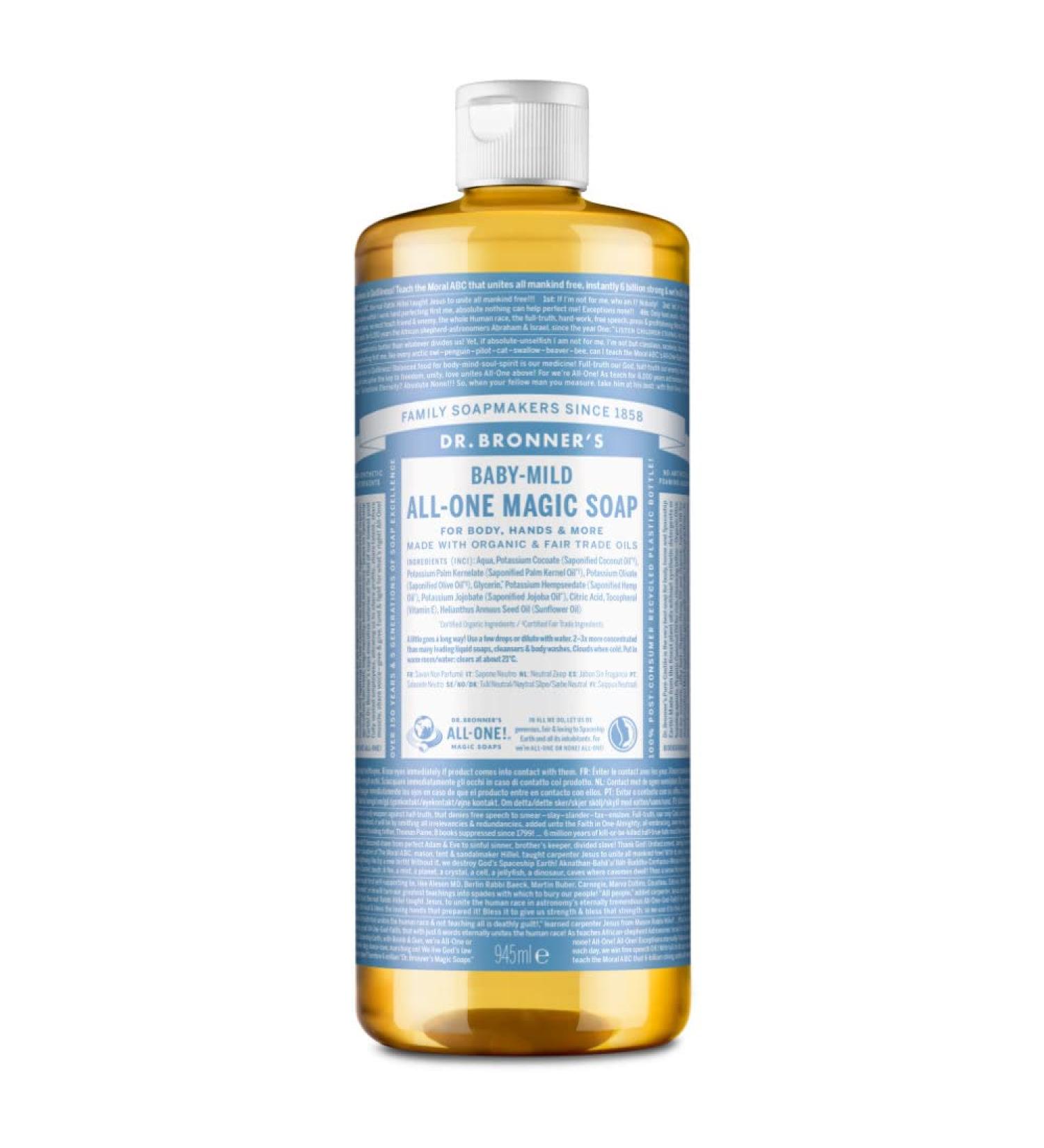 Dr Bronner's Baby Mild All-One Magic Soap 945ml - Organic & Vegan for Face, Hair, Babies, Laundry, Dishes - Fair Trade Certified - Buy Online on GoSupps.com
