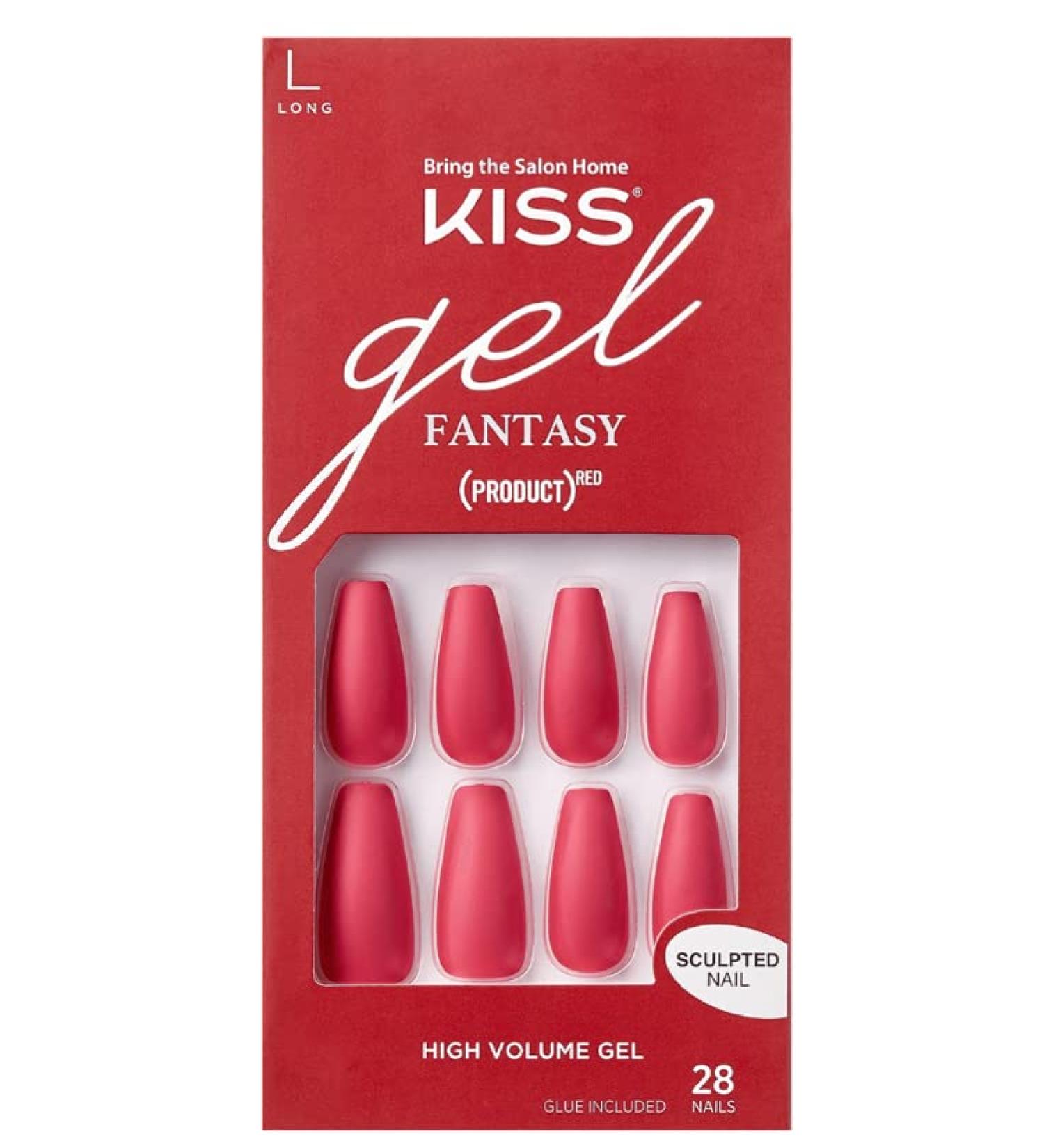 KISS Red Gel Fantasy Sculpted Fake Nails 'Love' Kit with 28 Glue-On Nails: Long Coffin Shape, Ready-to-Wear Gel Nails with Pink Nail Glue & Manicure Tools - Buy Online on GoSupps.com