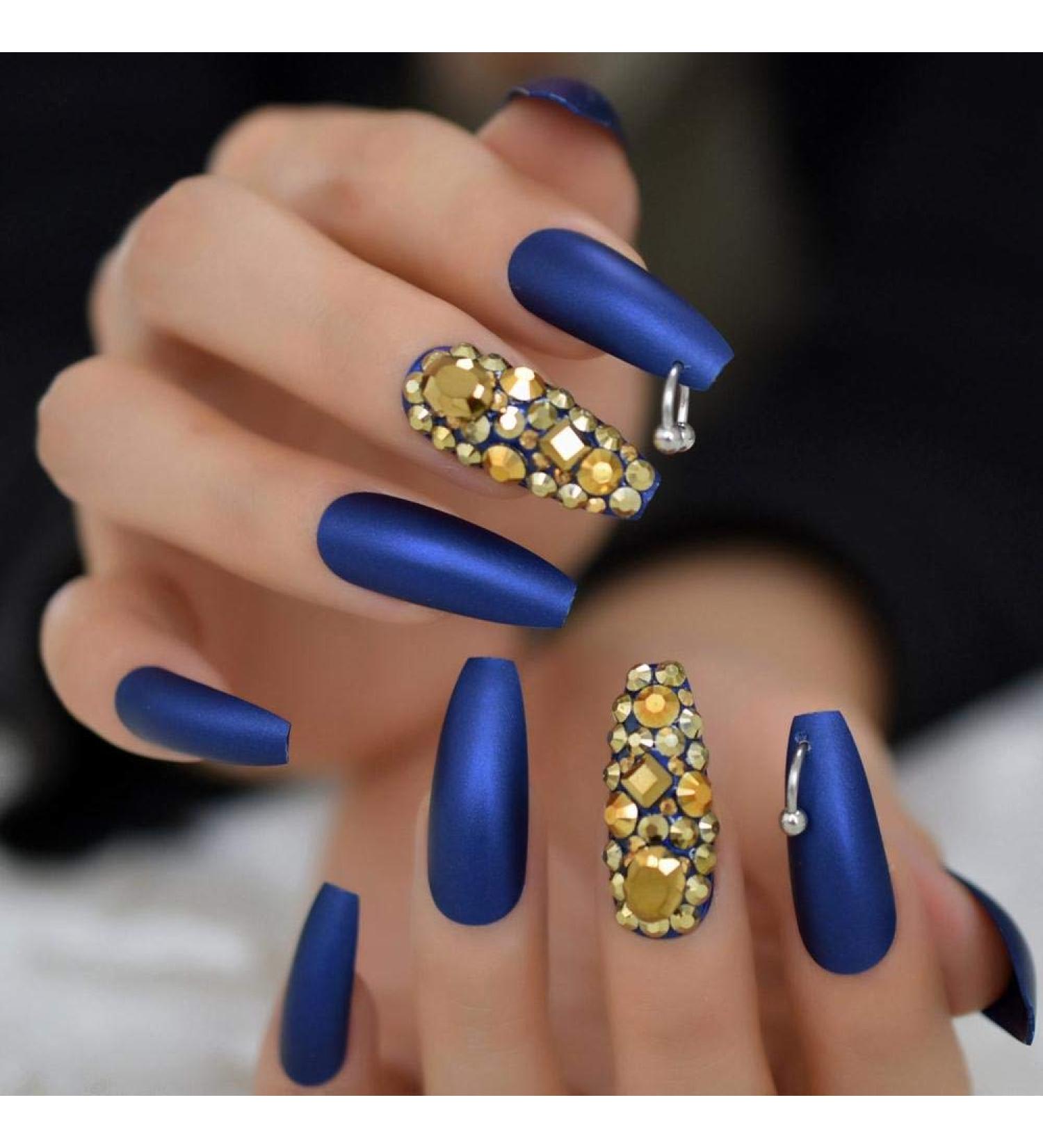 Stylish Hujl Artificial Nails - Punk Gold & Blue Diamond Design | Extra Long Matte Coffin Shape for Stunning Nail Art - Buy Online on GoSupps.com