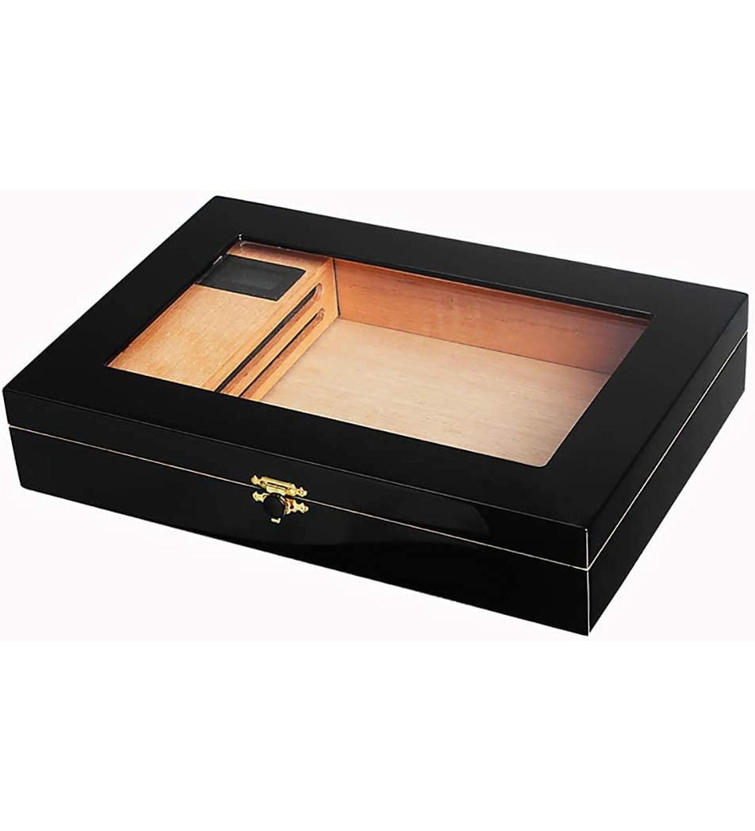 Black Piano Finish Humidor Glass Top Cedar Humidor with Digital Hygrometer Humidification and Accessory Divider - Buy Online on GoSupps.com