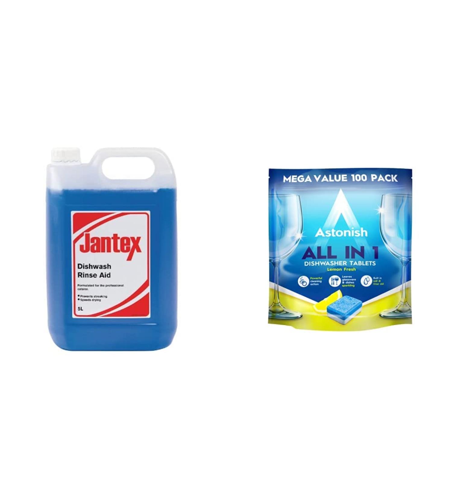 Jantex CF977 Dishwasher Rinse Aid Concentrate 5Ltr & Astonish All In 1 Powerful Cleaning Dishwasher Tablets with Salt and Rinse Aid Mega Pack of 100 Tablets Lemon Fresh + DISHWASHER_DETERGENT C2171 - Buy Online on GoSupps.com