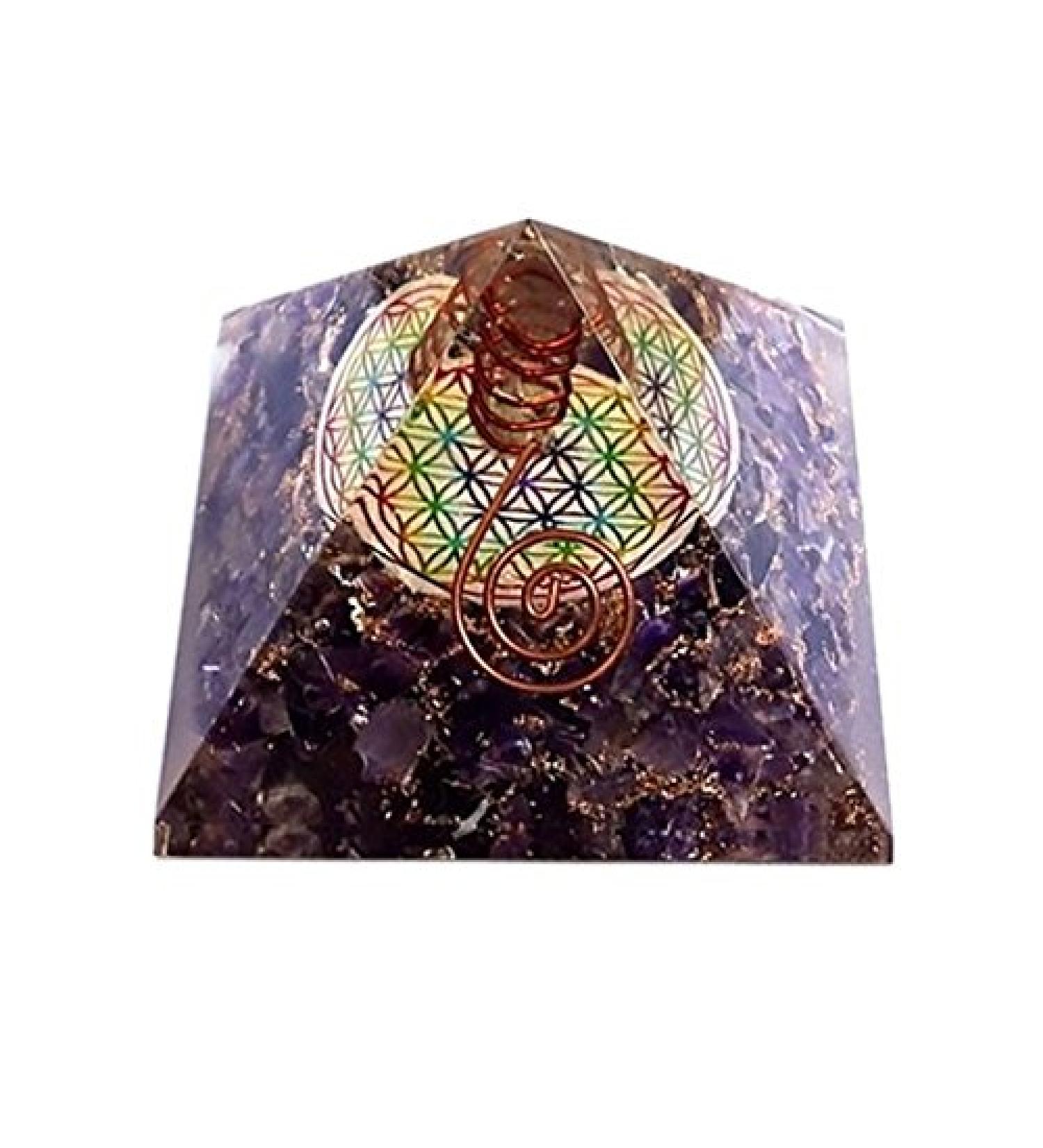 Violet Orgone Pyramid with Multicolored Flower of Life - Energy Healing & Spiritual Wellness | International Shipping - Buy Online on GoSupps.com
