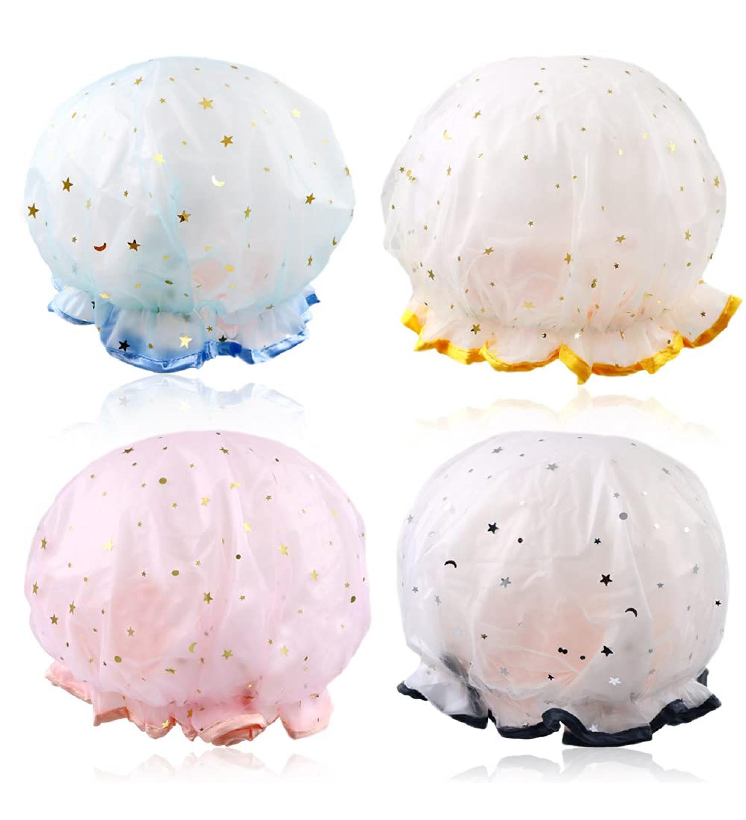 4 Colors Cute Washable Shower Caps for Girls and Women - Reusable, Waterproof, Double Layer Hat for Comfortable Hair Spa and Travel Use - Buy Online on GoSupps.com