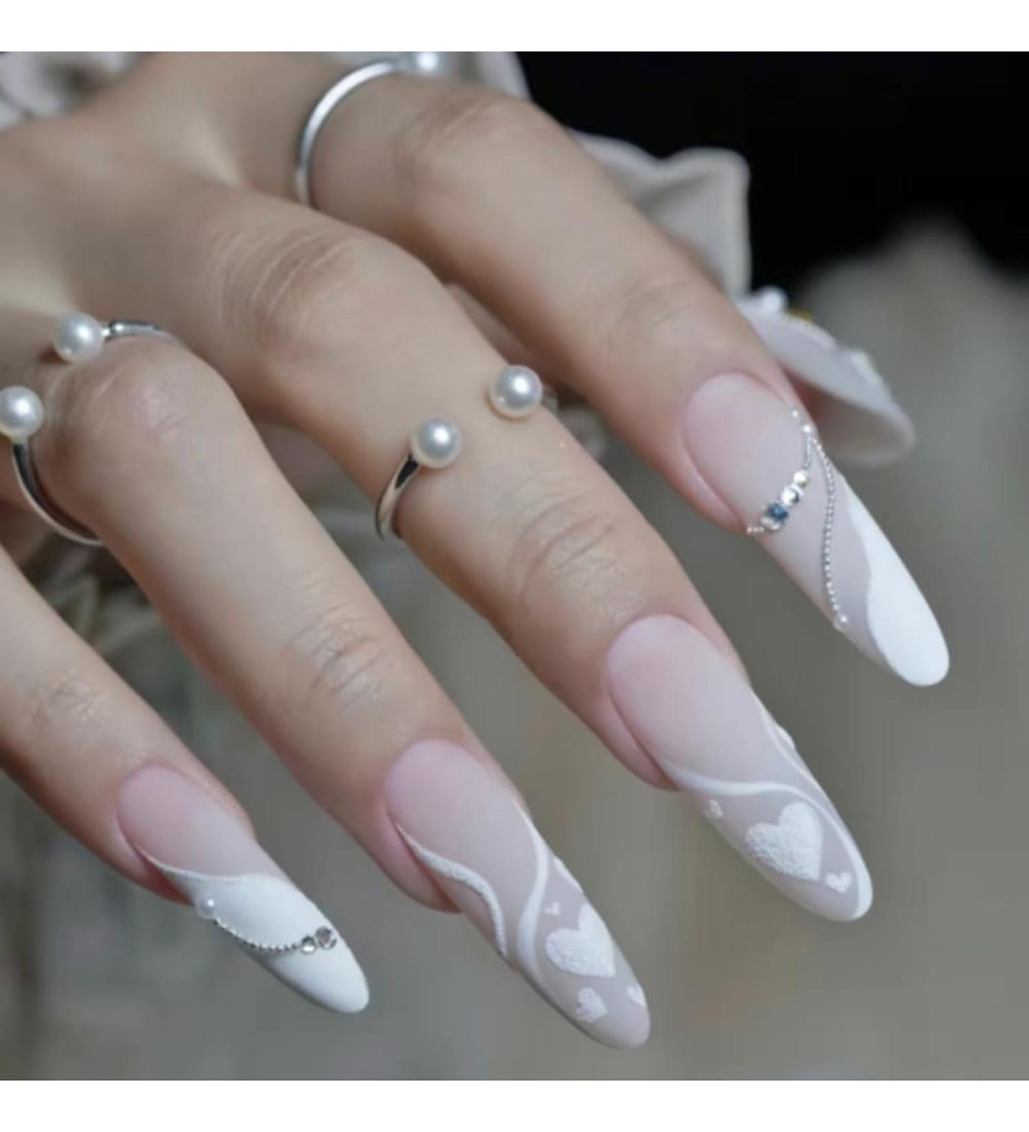 French Tip Press on Nails - Long Press On Nails with Nail Tips Love heart nail glitter rhinestones chain Fake Nails press on nails Acrylic False Nails Cute Artificial Nails - Buy Online on GoSupps.com