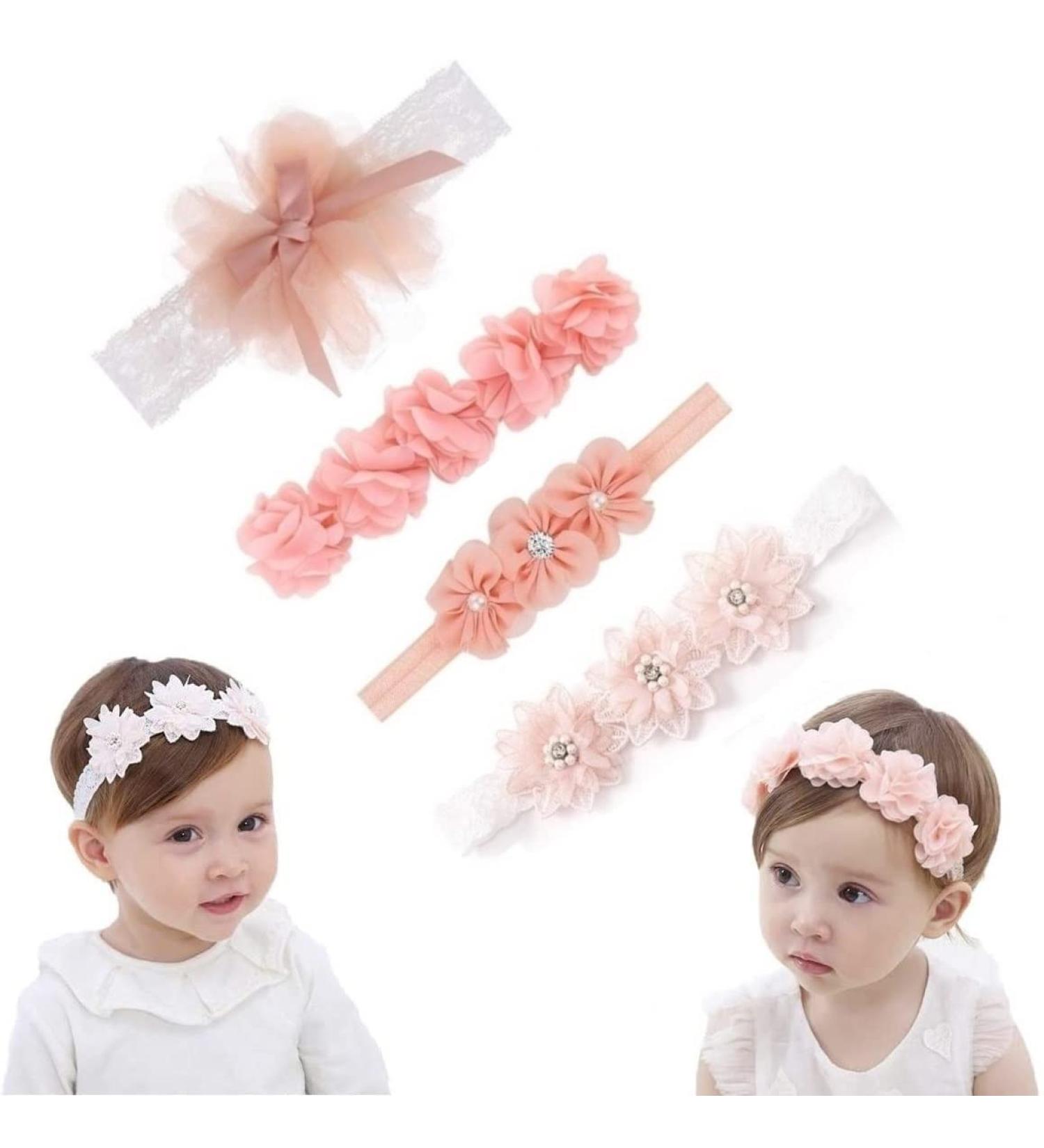 4 Pack Baby Girls Flower Headbands - Elastic Nylon Hair Accessories for Newborns | Perfect for Parties & Weddings - Buy Online on GoSupps.com
