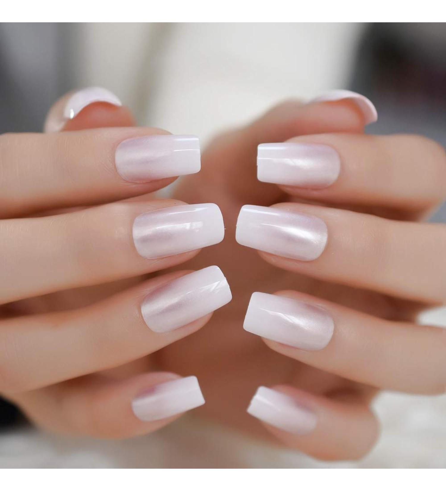 EchiQ Pearl Shine Glossy Fake Nails - Shimmer White Square French Ombre Gradient Faux Ongles Medium Fingernails - Buy Online on GoSupps.com