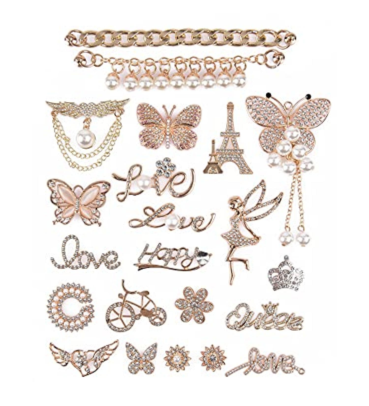 Bling Shoe Charms Set - Enamel Diamond Decorations with Chains for Girls and Women | Gold Finish - 22pcs - Buy Online on GoSupps.com