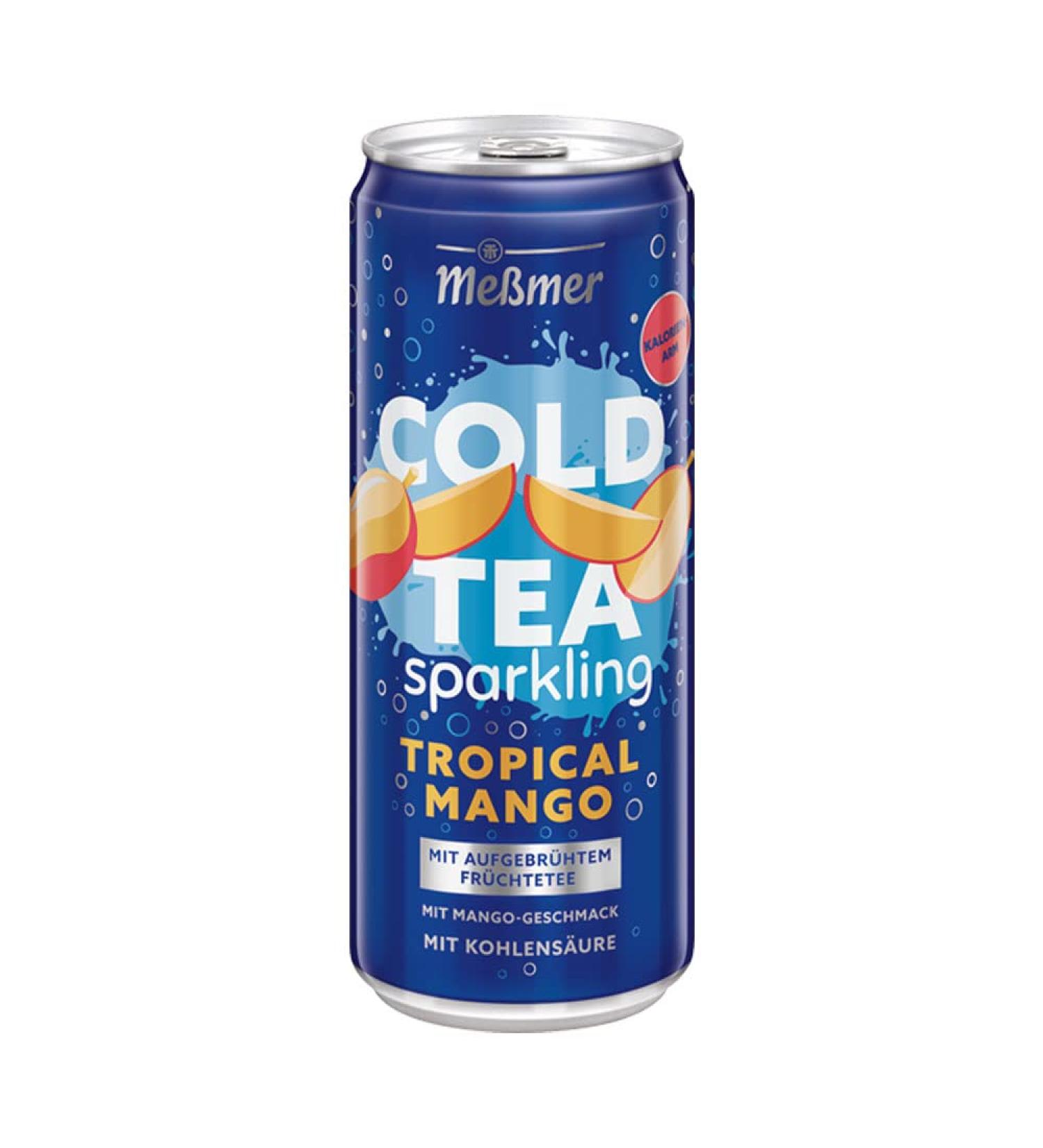 Messmer Cold Tea Sparkling Tropical Mango - 92% Fruit Low Calorie (18 kcal) & Natural Cane Sugar - 330 ml Can - Buy Online on GoSupps.com
