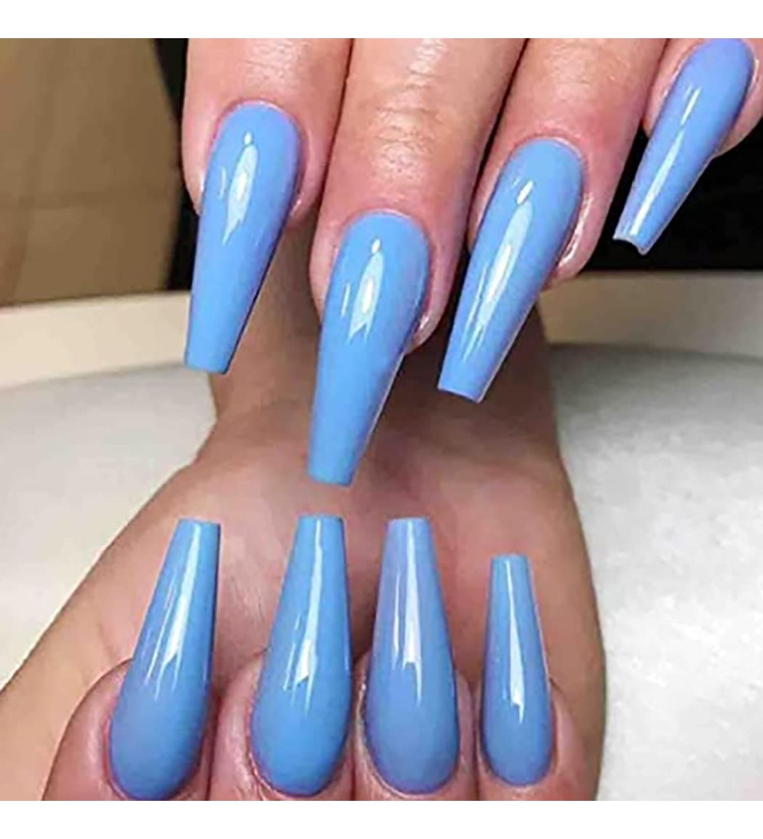 Brishow Coffin False Nails: Long Blue Stick on Nails for Women and Girls - Buy Online on GoSupps.com