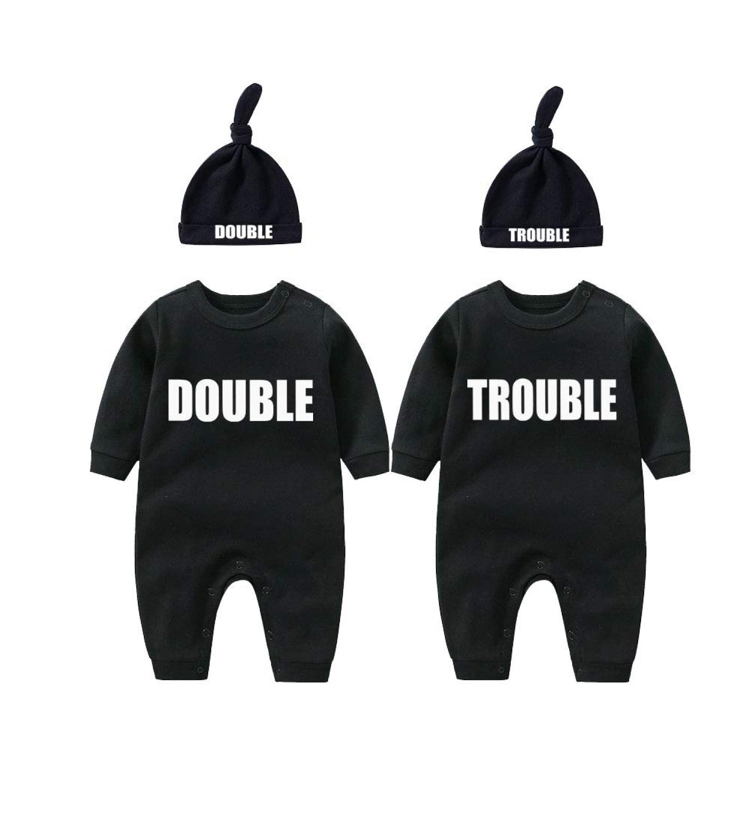 Culbutomind Baby Twins Bodysuits Double Trouble Romper Set with Hat | Unisex Newborn Outfit Black BT 0-3 Months - Buy Online on GoSupps.com