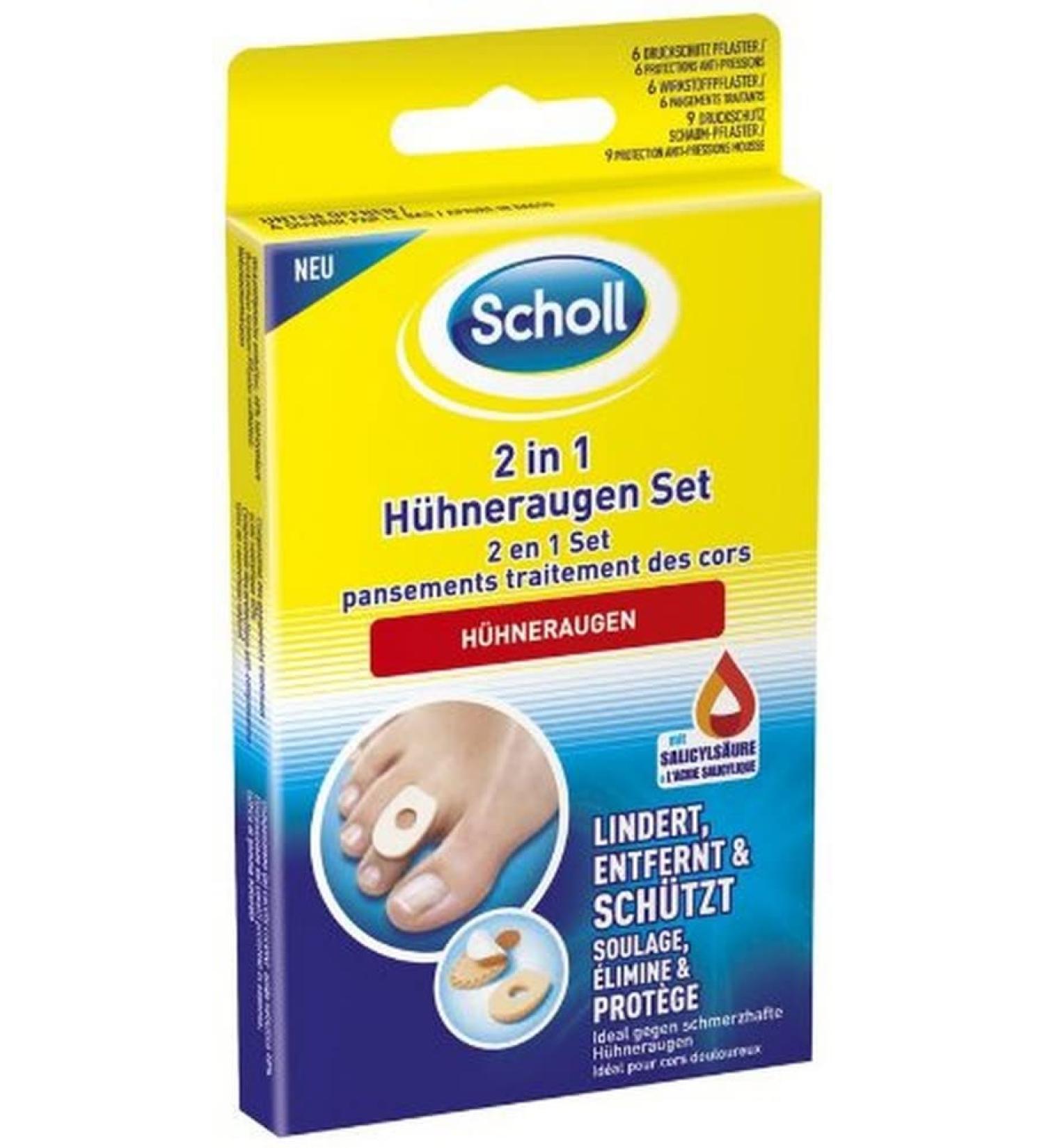 Scholl 2 in 1 chicken eyes set - with 6 pressure protection plasters 6 chicken eye plasters and 9 pressure protection foam plastic - 1 set - for relief and removal of painful corns.2in1 corns set set
