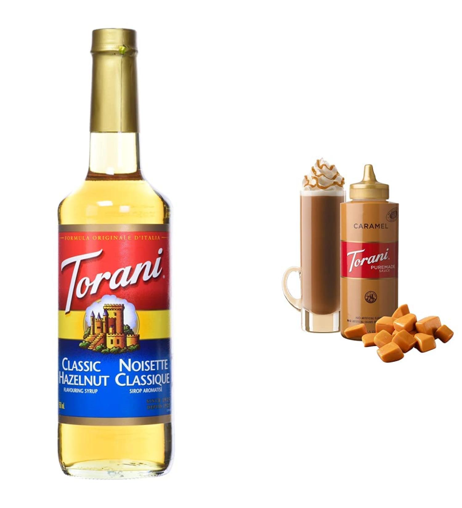 Torani Hazelnut Classic Flavour Syrup 750 Milliliter & Caramel Squeeze Sauce 16.5 Fluid Ounce 750 ml (Pack of 1) Syrup + Sauce Caramel - Buy Online on GoSupps.com