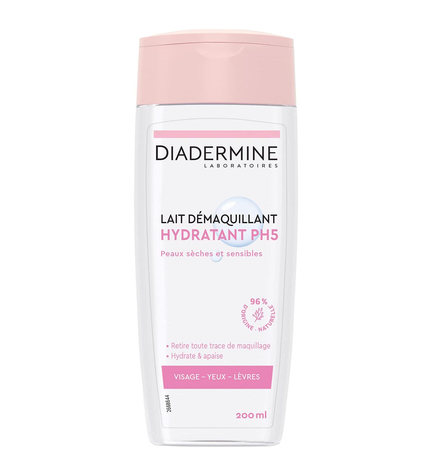Diadermine - Lait D maquillant Visage Yeux et L vres - Hydratant - PH5 - Peaux S ches et Sensibles - Hydrate et Apaise - Nettoyant - 96% d'ingr dients d'origine naturelle - Flacon de 200 ml - Buy Online on GoSupps.com