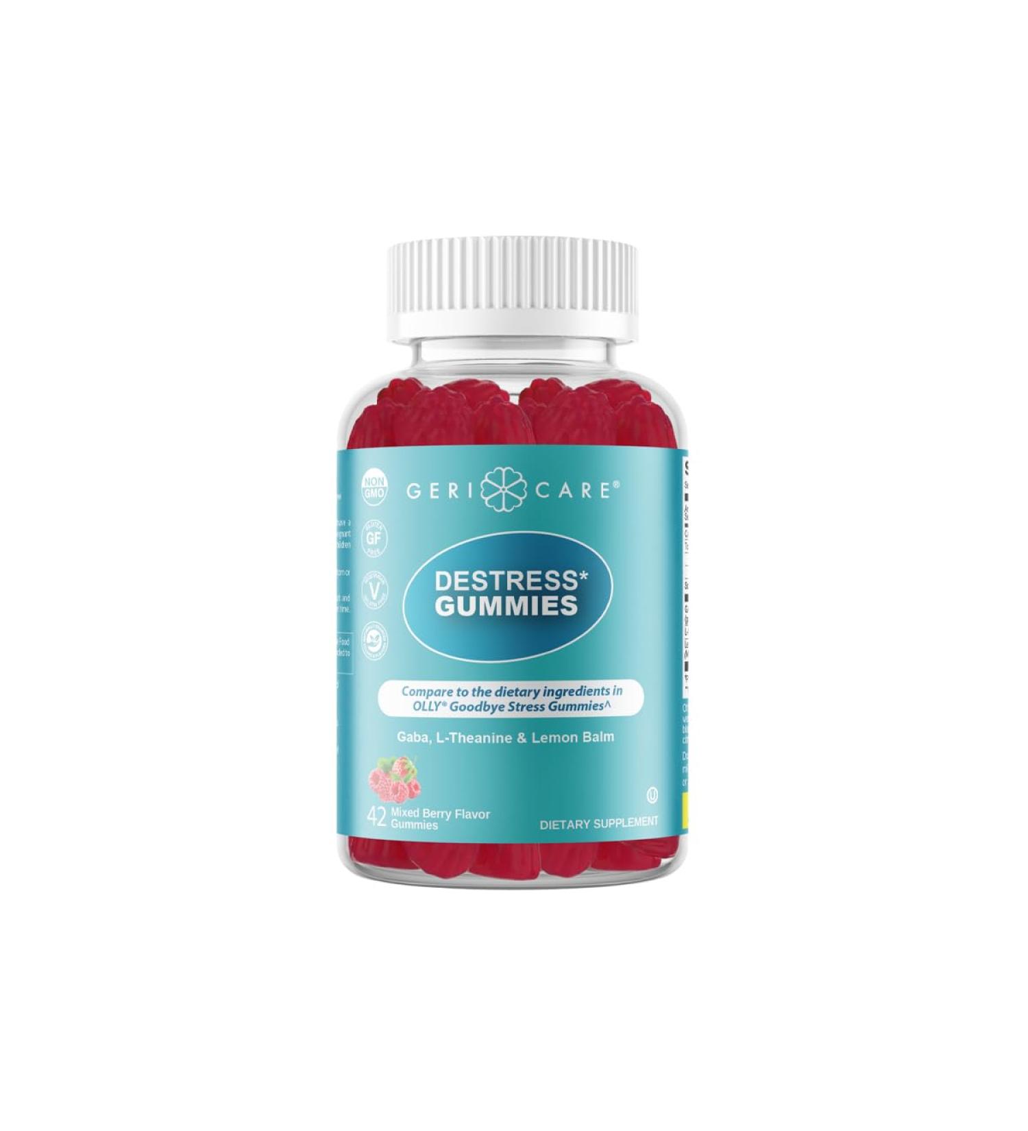GeriCare DeStress Gummies with GABA L-Theanine & Lemon Balm Mixed Berry Flavor 42 Count Supports Relaxation & Mental Clarity Non-GMO Gluten-Free Vegan 42 Count (Pack of 1) - Buy Online on GoSupps.com
