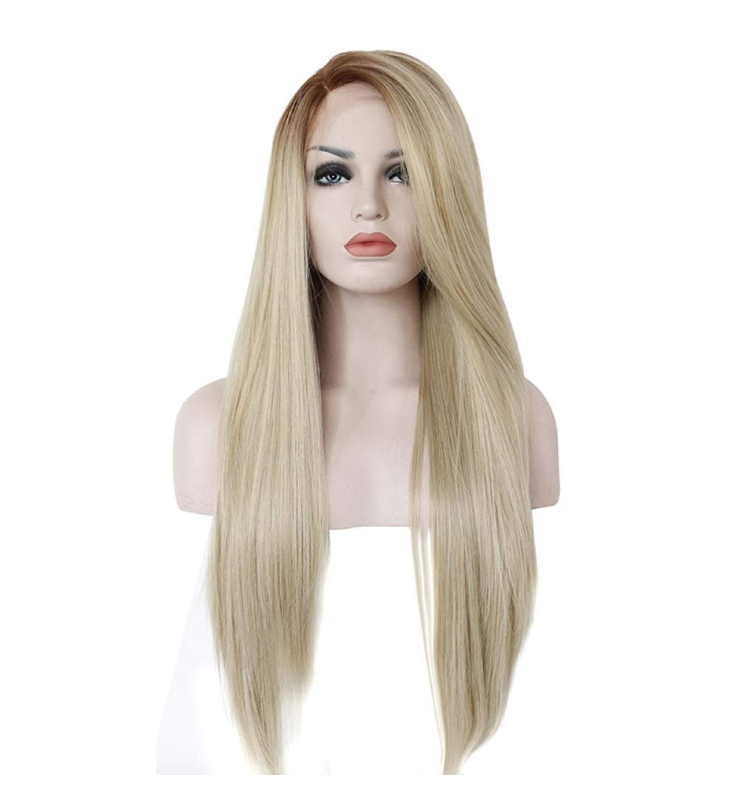 SHIYID Glueless Long Straight Ombre Wig - High Temperature Fiber Brown to Blonde Lace Front for White Women - Buy Online on GoSupps.com