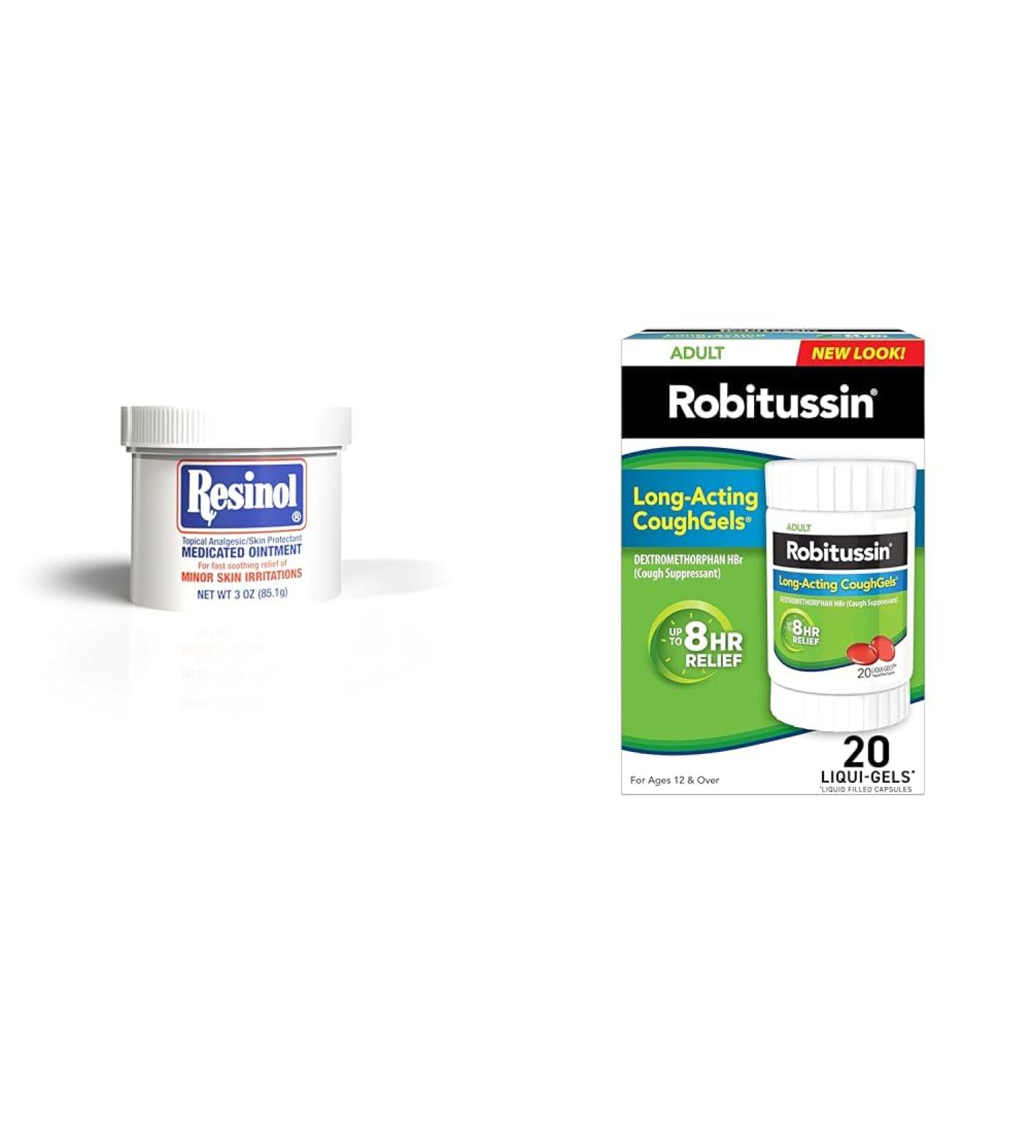Resinol Medicated Ointment For Itch Relief 3 Ounce Jar and Robitussin 8 Hour Adult Formula Liqui-gels Cough - 20 count Liqui-Gels - Buy Online on GoSupps.com