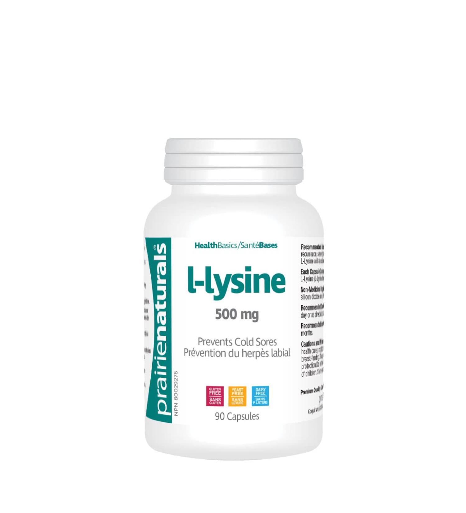 Prairie Naturals Lysine 500mg- 90 capsules- helps to reduce the recurrent of herpes simplex virus(HSV) infection (i.e.: cold sores) and is an essential amino acid. Lysine also helps in collagen formation. Non-GMO Gluten Free - Buy Online on GoSupps.com
