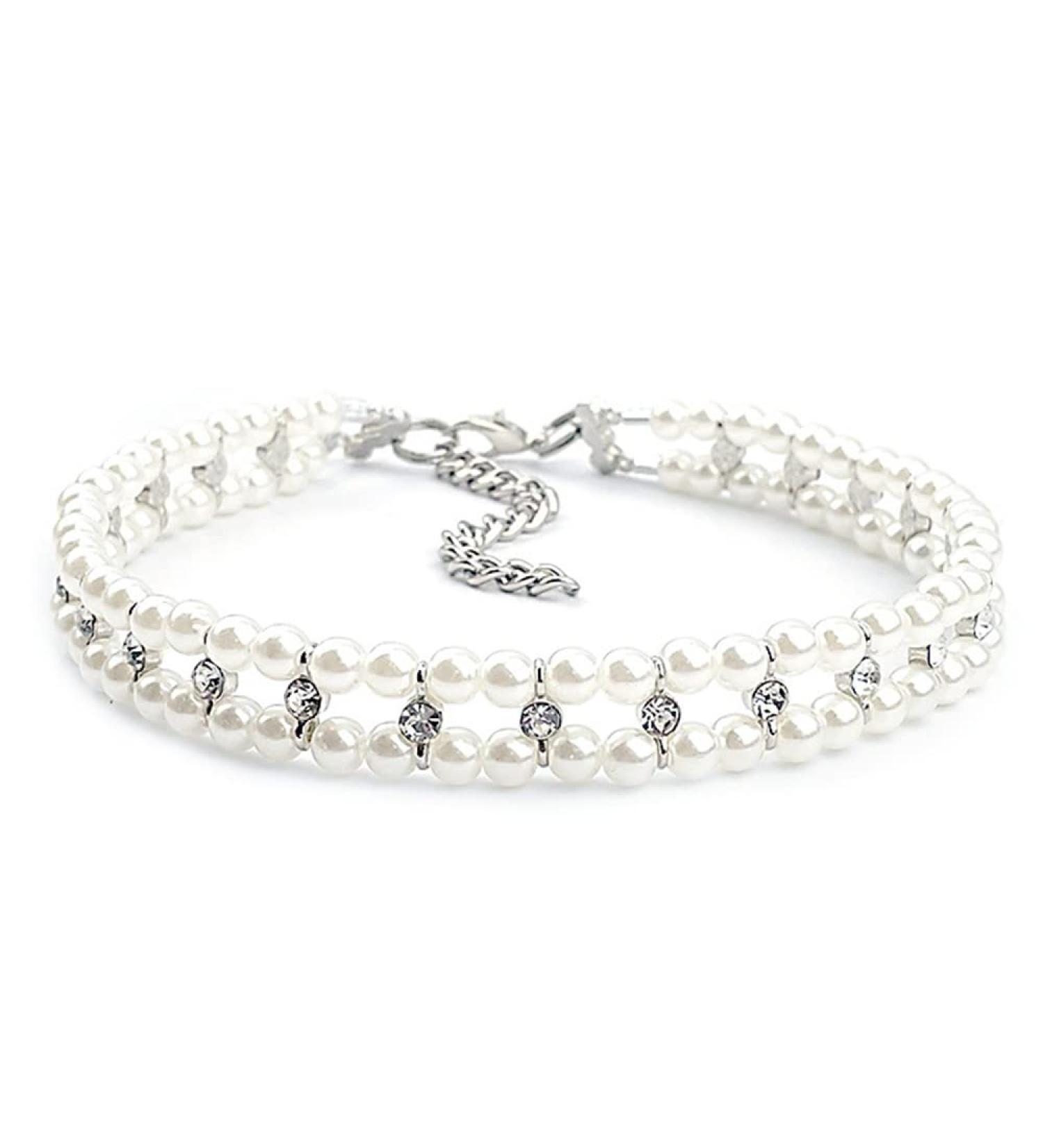 RayMinsino Pet Pearl Rhinestone Collar Cat Dog Necklace Adjustable Small Dog Collar White Small White