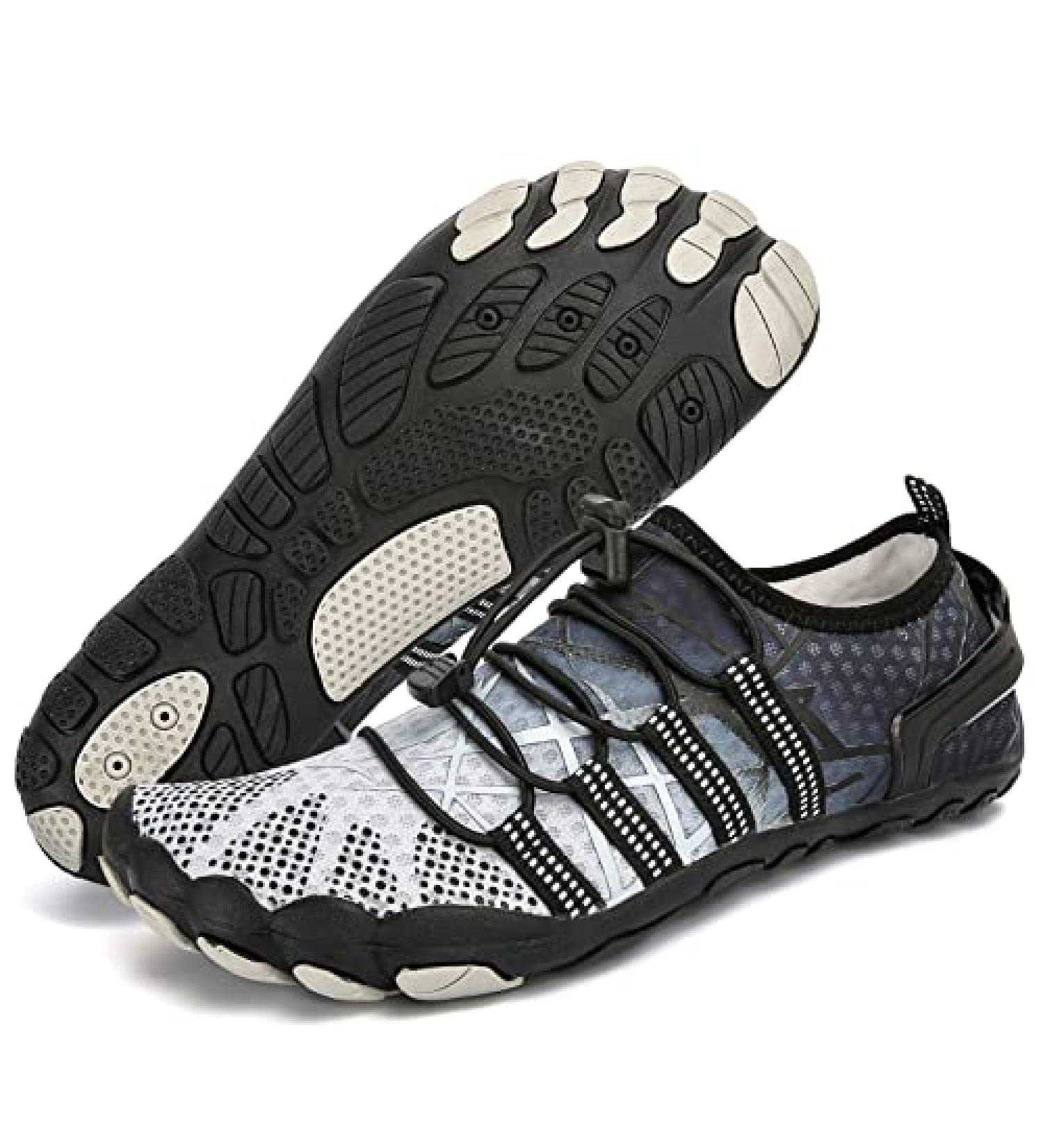 Unisex Barefoot Water Sport Shoes - Quick-Dry Aqua Socks for Beach, Surf, Yoga - 8.5 Women/7.5 Men - Grey/Black - Buy Online on GoSupps.com