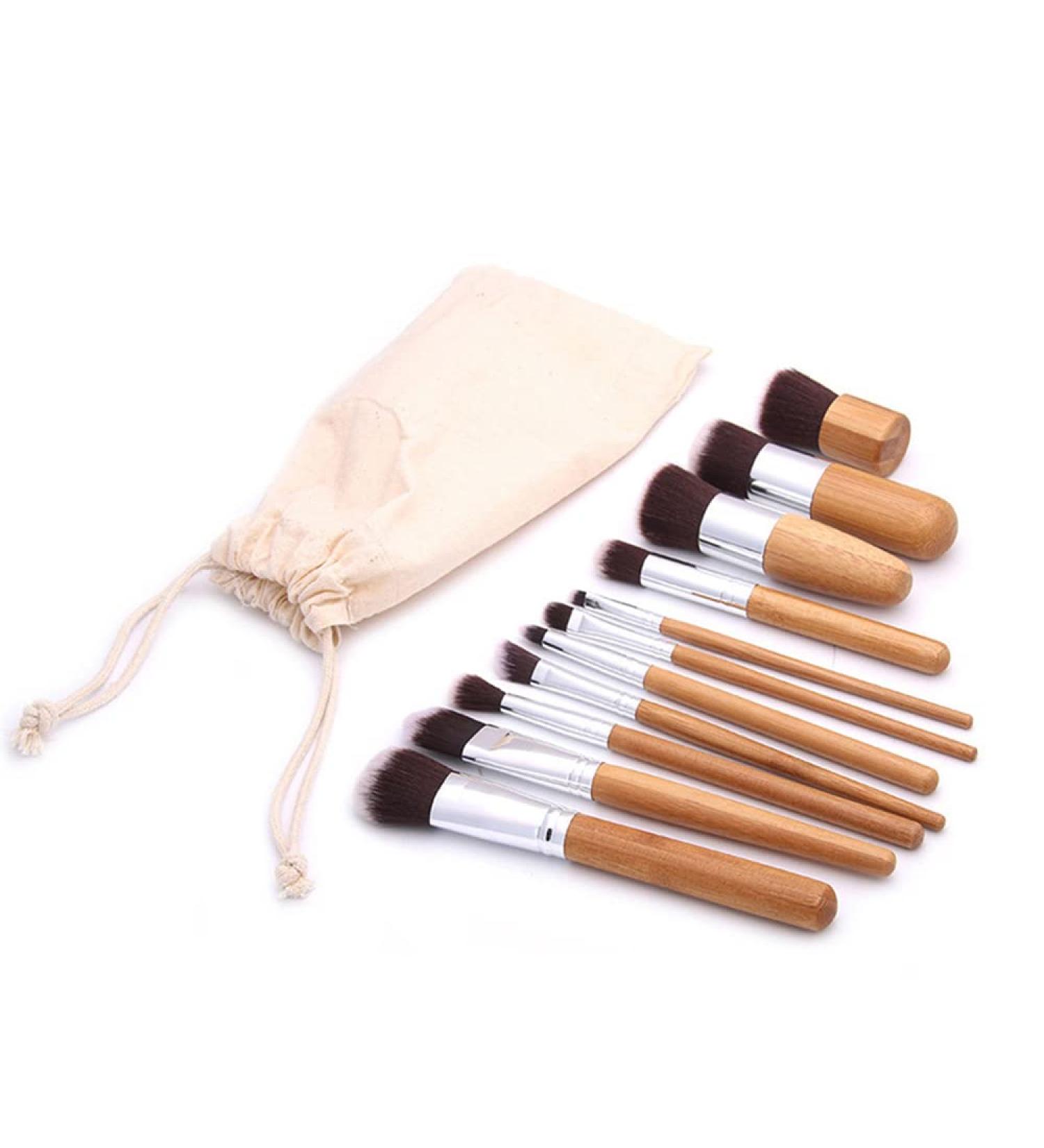 VVStudio 11 Pcs Bamboo Makeup Brush Set - Foundation Powder Blending & Concealer Brushes & Organizer Pouch | International Shipping - Buy Online on GoSupps.com