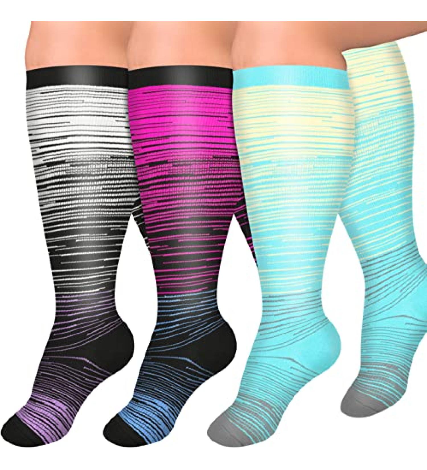 Diu Life 3 Pairs Plus Size Compression Socks - Wide Calf 20-30mmHg Support - XX-Large Blue/Red/Gray - Buy Online on GoSupps.com