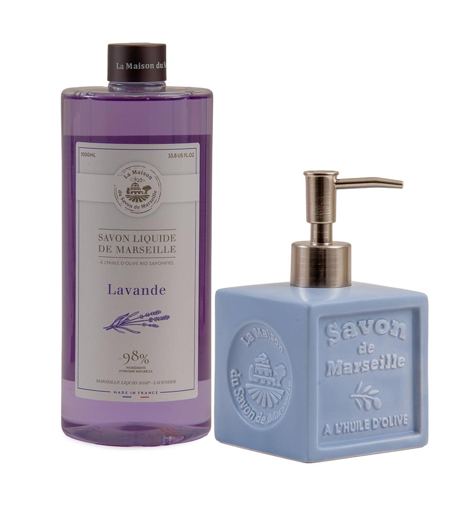 Maison Du Savon De Marseille liquid soap lavender with ceramic soap dispenser refill pack of 1 liter and dispenser 300 ml blue dispenser - Buy Online on GoSupps.com