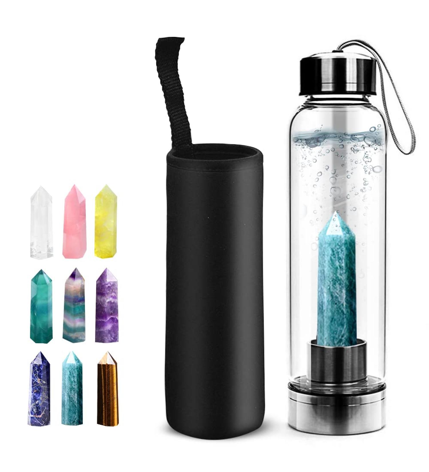 HINATAA Crystal Water Bottle - 550ml Amazonite - Healing Natural Quartz - Removable Infuser for Wellness & Hydration - Buy Online on GoSupps.com