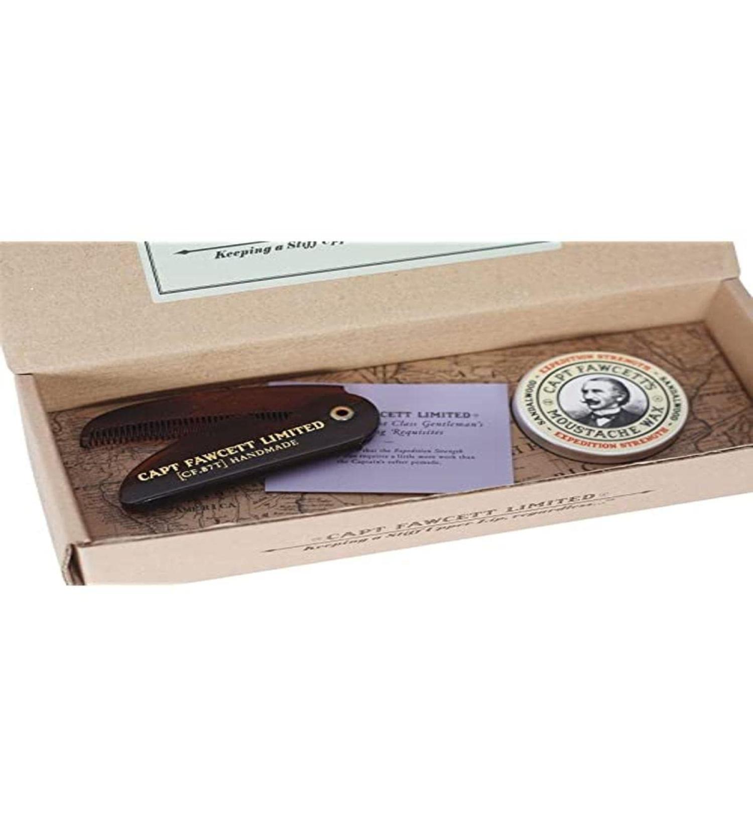 Captain Fawcett's Moustache Wax (Expedition Strength) & Folding Pocket Moustache Comb (CF.87T) Gift Set - Made in England