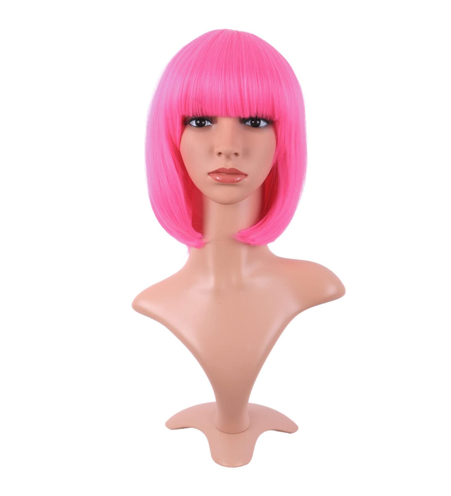 MapofBeauty Neon Pink 12 Synthetic Bob Wig with Bangs - Fashionable Short Hair - Buy Online on GoSupps.com