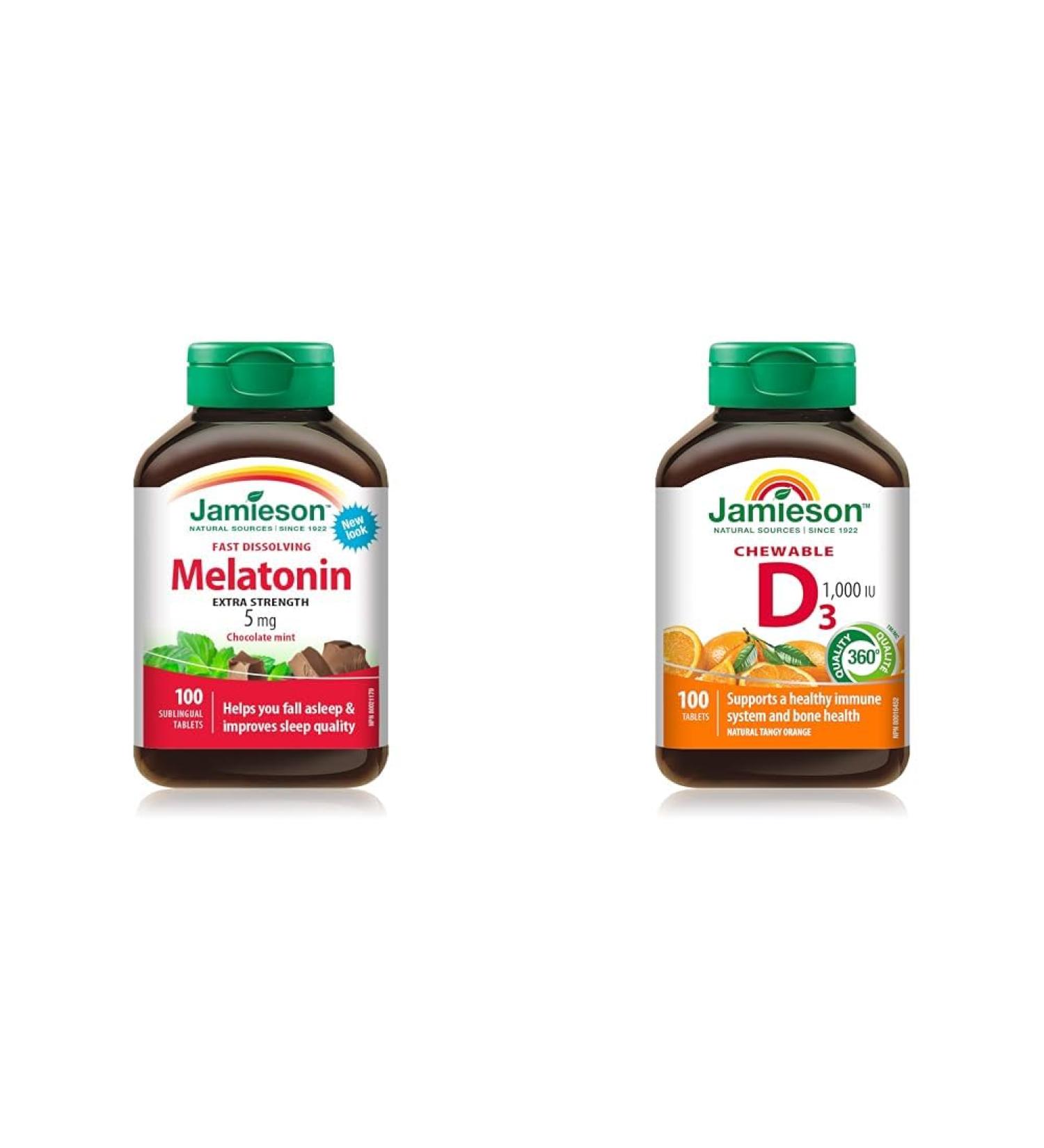 Jamieson Melatonin 5 mg Extra Strength - Chocolate Mint Flavour Fast Dissolving Tablets 100 Count (Pack of 1) & Chewable Vitamin D3 1 000 IU - Natural Tangy Orange 100 Count (Pack of 1) - Buy Online on GoSupps.com