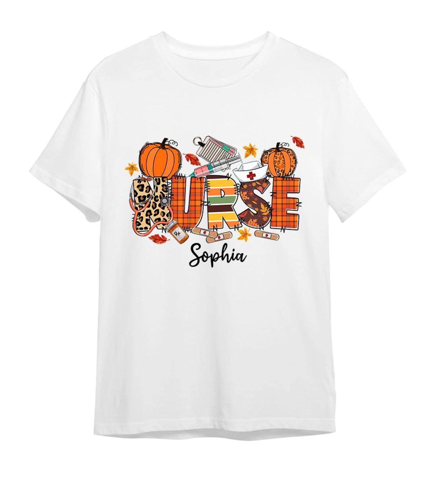 Personalized Nurse Mom Shirt | Funny Nurse Gifts | Custom Name Tee for Nurse's Day | Autumn Pumpkins & Tools Top - Buy Online on GoSupps.com