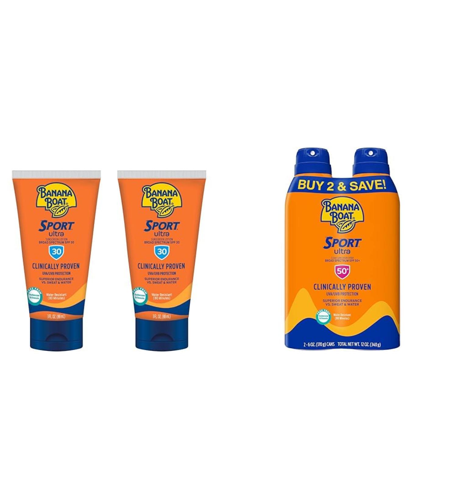 Banana Boat Sport Ultra Sunscreen Lotion SPF 30 Travel Size 3oz Twin Pack and Sport Ultra SPF 50 Sunscreen Spray Twin Pack - Buy Online on GoSupps.com
