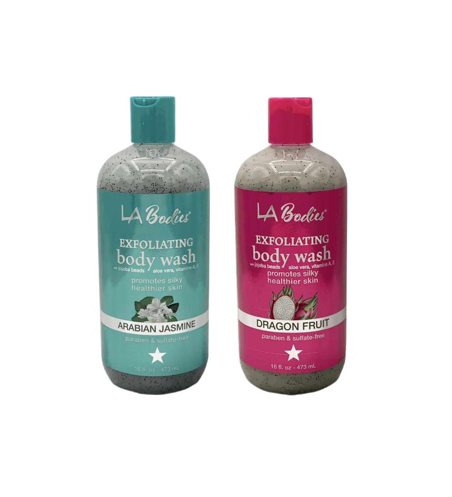 LA Bodies Exfoliating Body Wash with Jojoba Beads Aloe Vera and Vitamin A E - Paraben & Sulfate Free - Arabian Jasmine Dragon Fruit - 16 oz 2 Pack