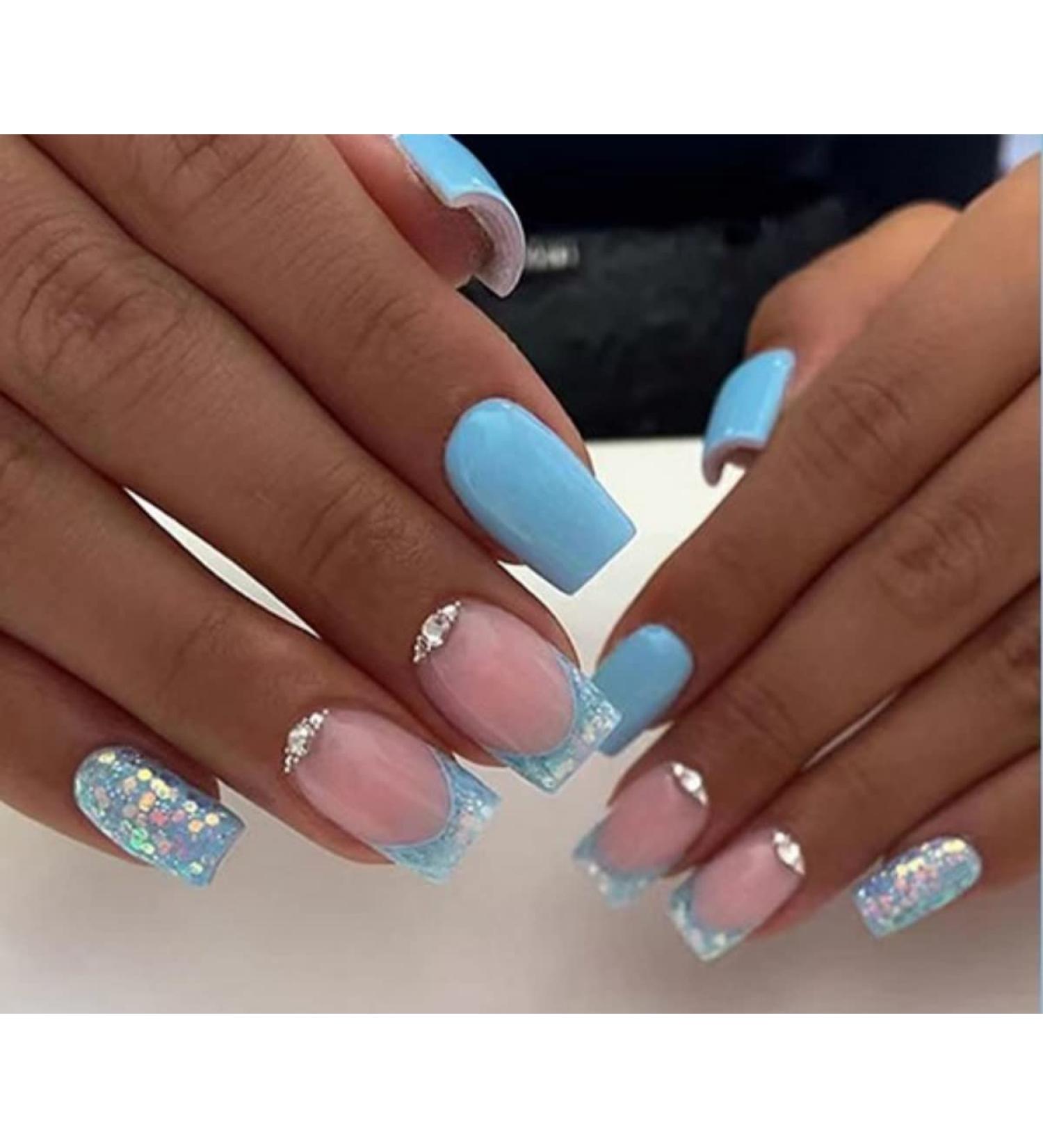 JUSTOTRY 24 Pcs Glitter Square Sky Blue French Press on Nails - Diamante Fake Nails with Nail Glue for Women's Nail Art - Buy Online on GoSupps.com