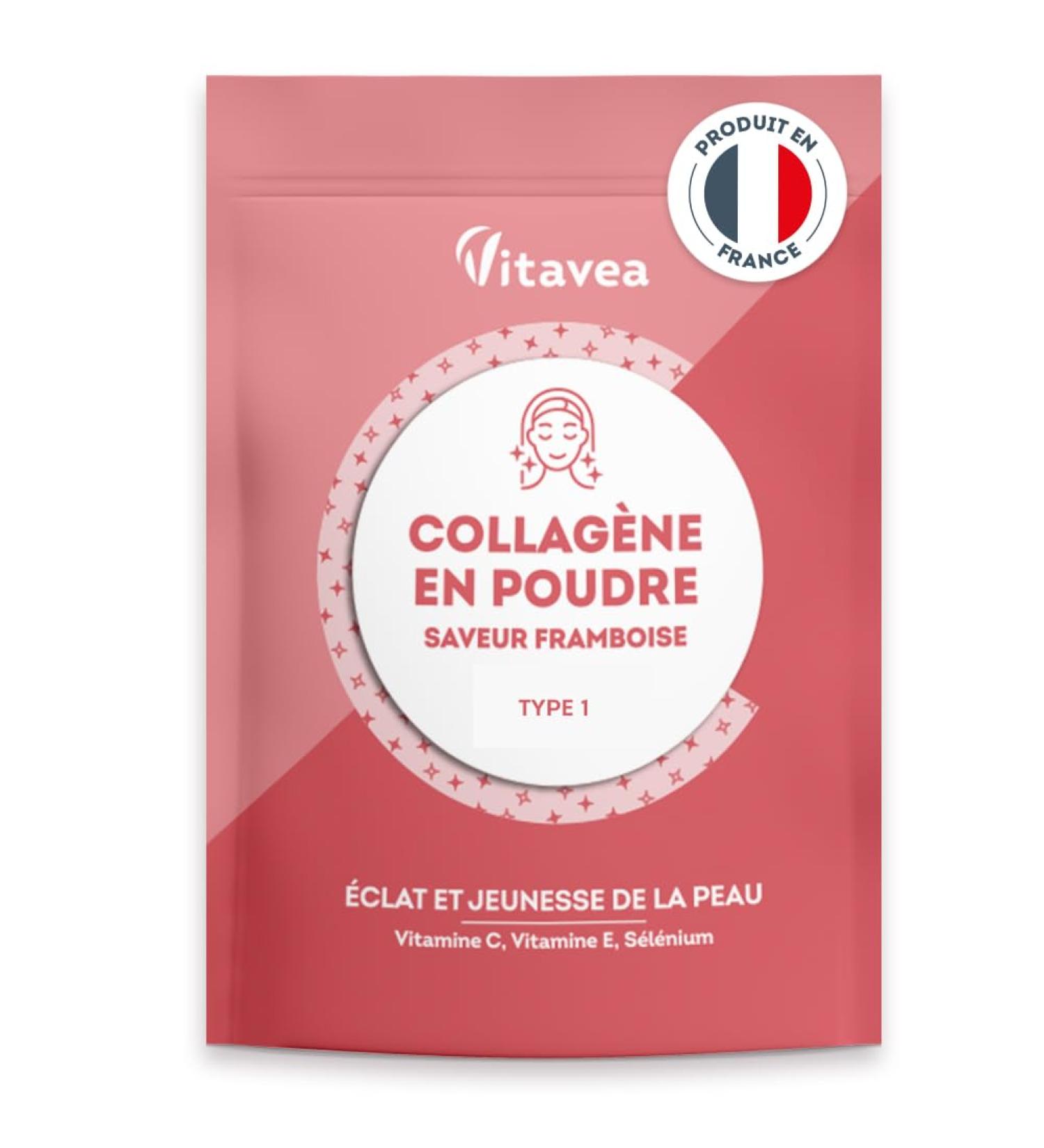 Collagen Powder Raspberry Flavor - 6800mg per day - Hydrolyzed Peptides Types 1 - 2000 Da - Radiance & Youthful Skin - Highly Bioavailable - Made in France - Vitavea - Buy Online on GoSupps.com