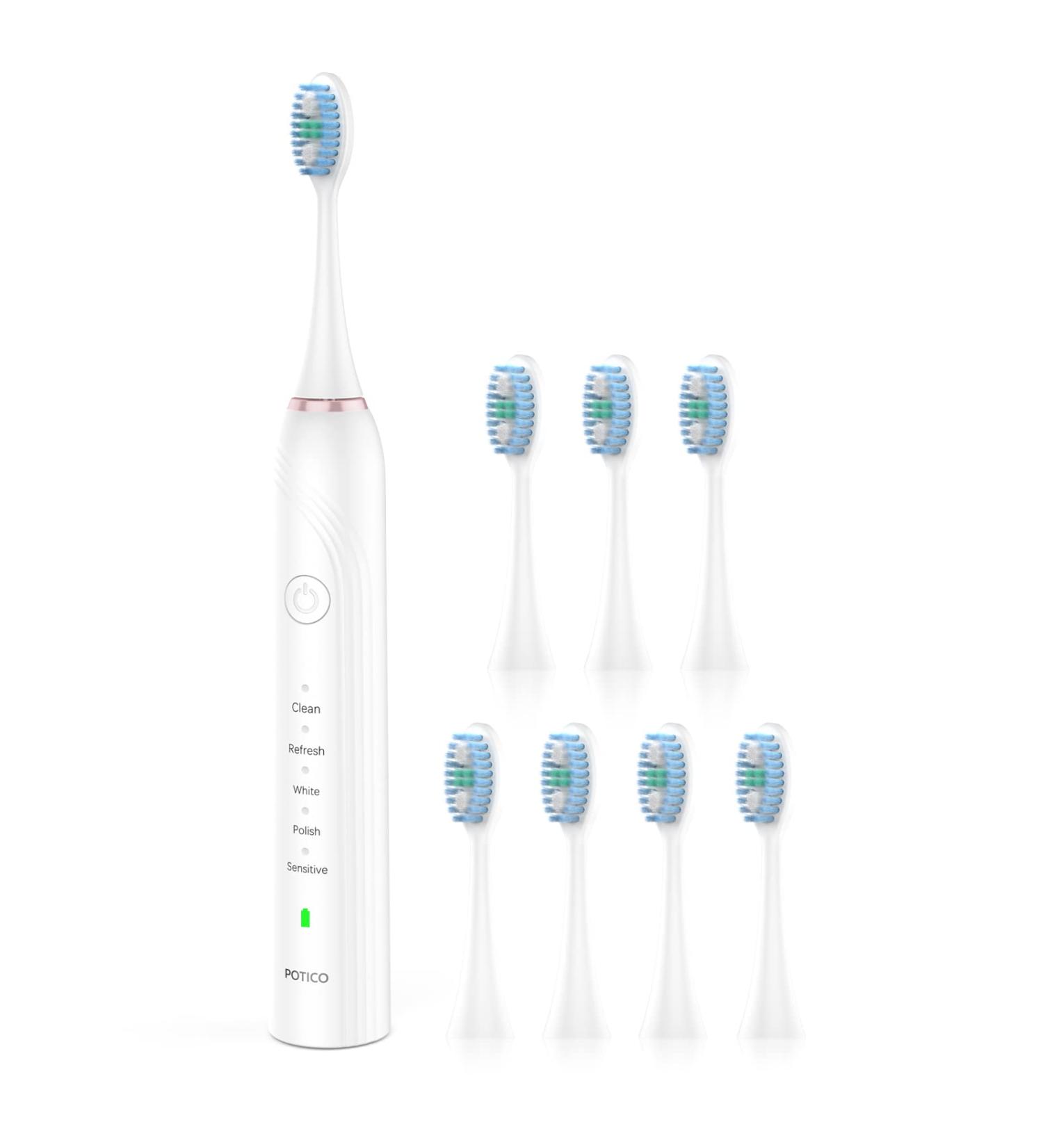 POTICO Sonic Electric Toothbrush for Adults - 8 Brush Heads, Smart Timer, 5 Modes, IPX7 Waterproof, Rechargeable - White - Buy Online on GoSupps.com