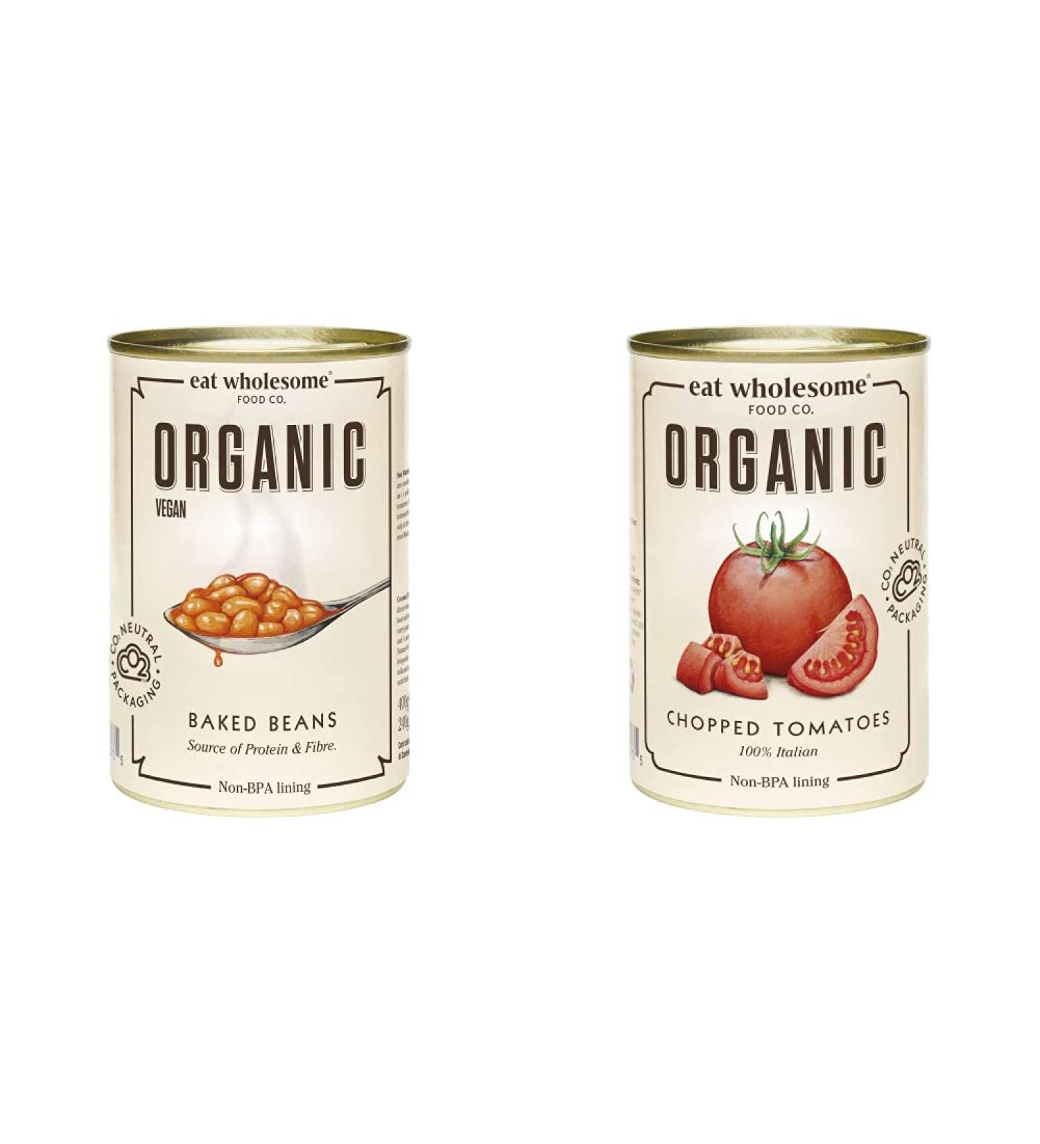 Eat Wholesome Organic Baked Beans 400g (Pack of 12) & Eat Wholesome Organic Chopped Tomatoes 400g (Pack of 12) - Buy Online on GoSupps.com