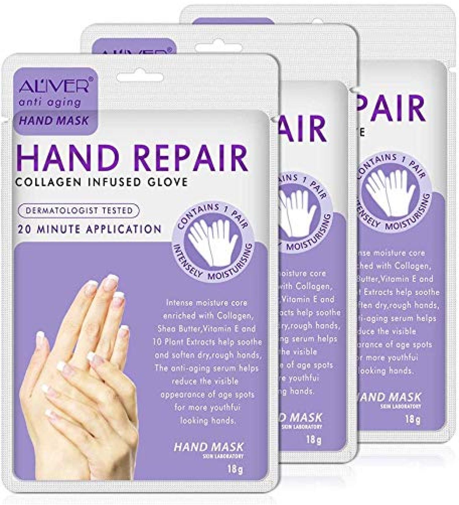3 Pack Hand Mask for Moisturizing & Exfoliating, Collagen Infused Gloves for Repairing Dry/Cracked Skin - Lavender Scent for Women and Men - Buy Online on GoSupps.com