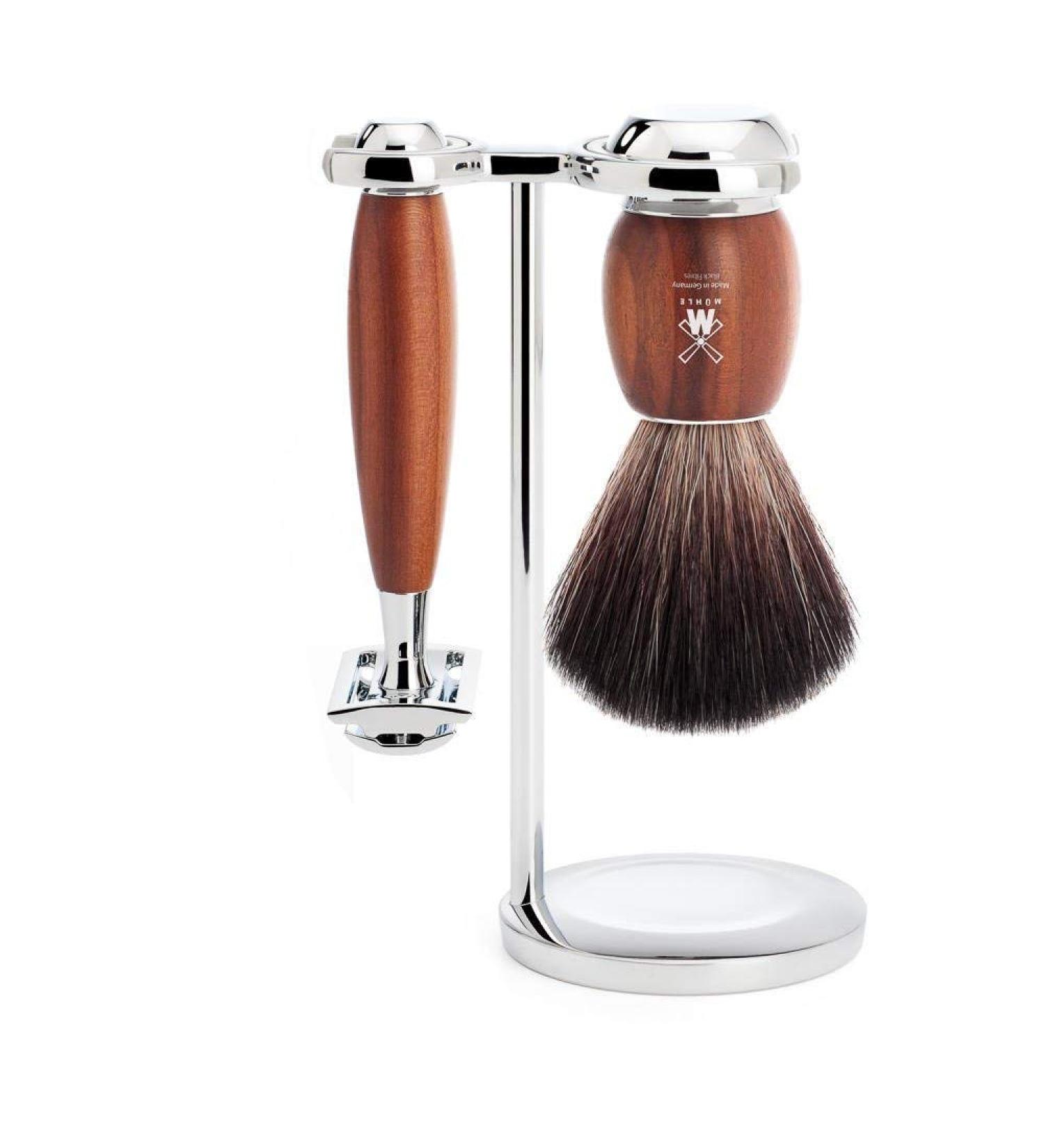 M HLE Vivo Shaving Set - Vegan Black Fibre Brush Safety Razor & Stand with Plum Wood & Metal Accents - International Shipping - Buy Online on GoSupps.com