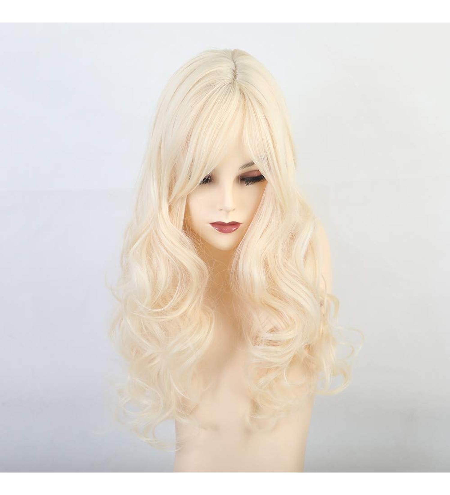 RTGFS Long Wavy Blonde Beige Wig with Bangs - Natural Heat Resistant Synthetic Hair for Women | Perfect for Cosplay - Buy Online on GoSupps.com