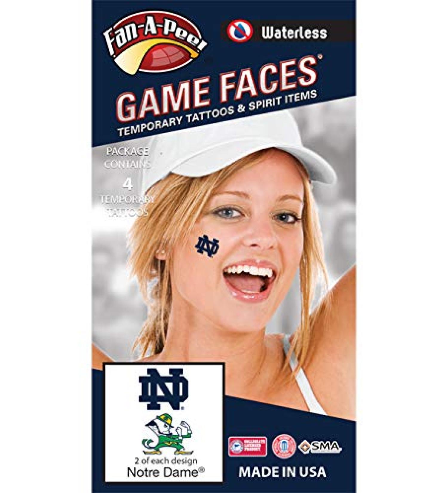 Notre Dame (ND) Fighting Irish   Water Based Peel & Stick Temporary Spirit Tattoos   4-Piece   2 Leprechaun Logo & 2 Navy Blue ND Logo