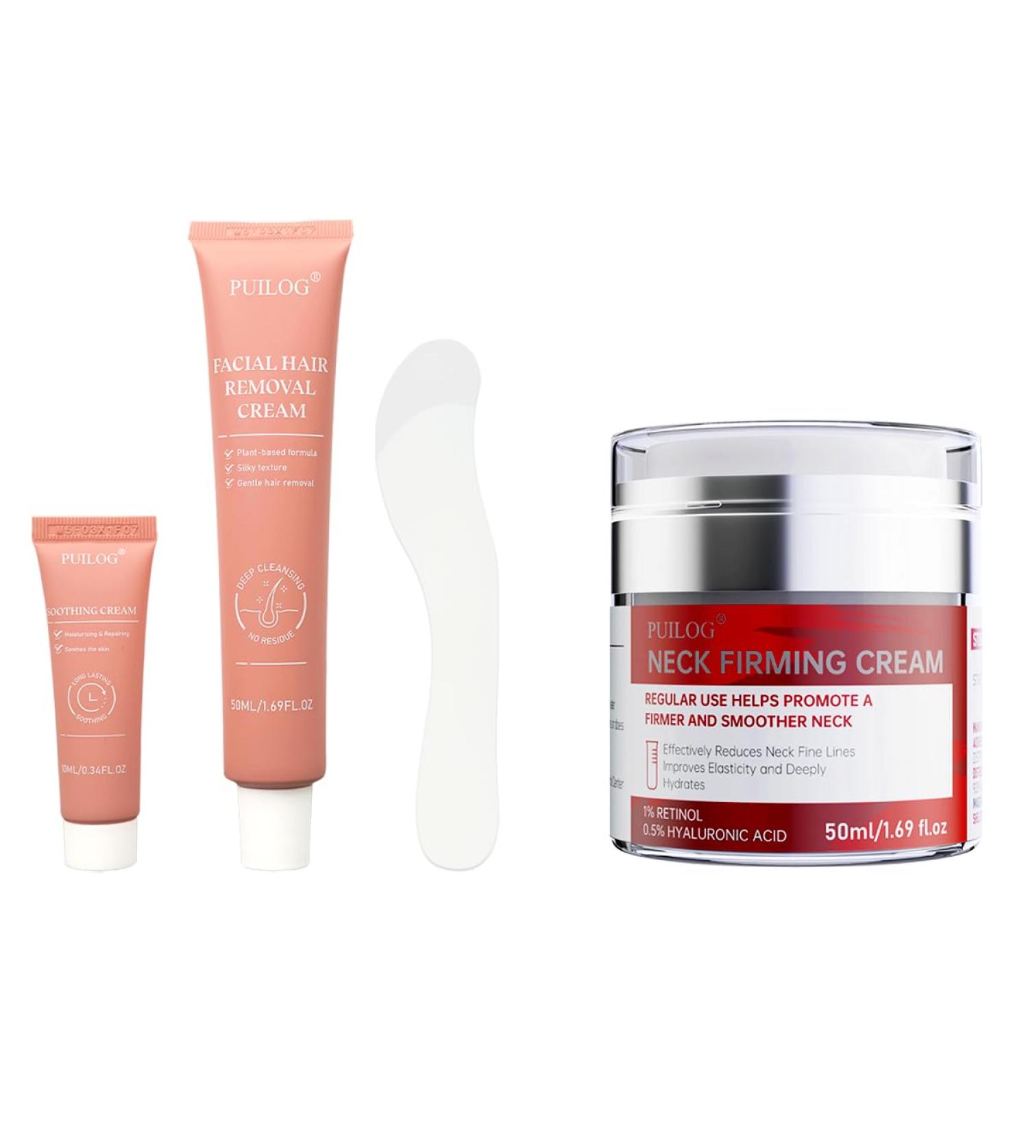 Facial Hair Removal Kit & Neck Firming Cream Set - 4 Minute Painless Depilatory with Soothing Balm + Retinol Cream for Face Neck & D collet - Plant-Based Formula with Hyaluronic Acid & Collagen - Buy Online on GoSupps.com