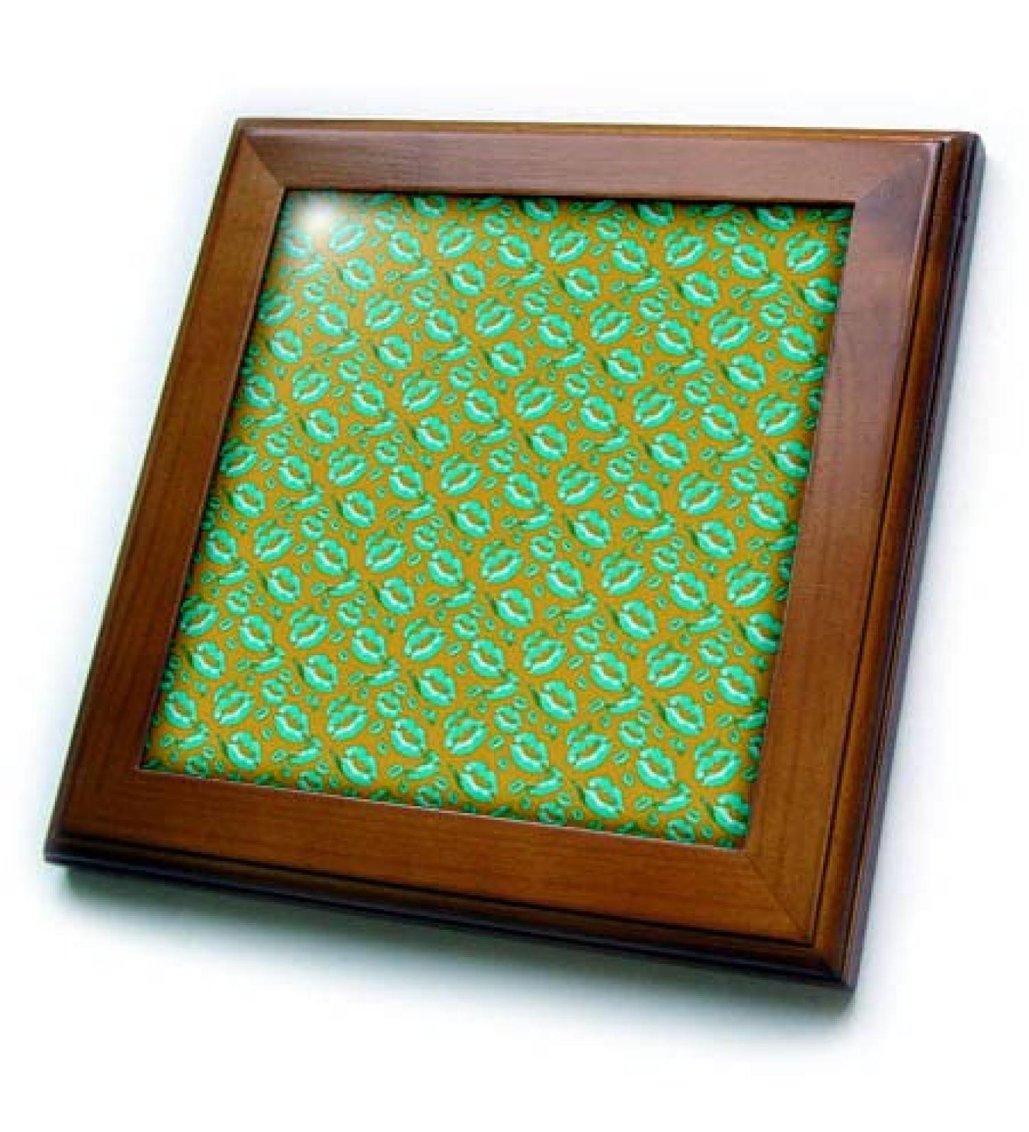 3dRose 8x8 Framed Tile - Two Kisses Collided Lip Affectionate Aqua Colored Lips Pattern Pattern - Lipstick Kisses