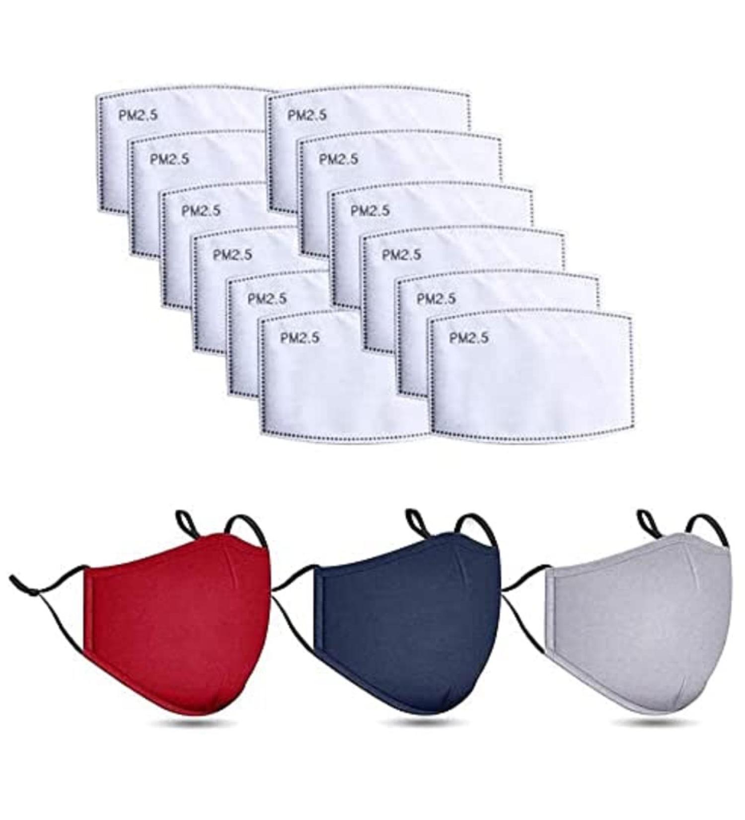 Three Washable 100% COTTON Face Masks Reusable with 10 Filters Ear Loop Covering Protection Mouth Cover Mask Colour: Grey Maroon & Blue (3 Mask + 10 Filters)