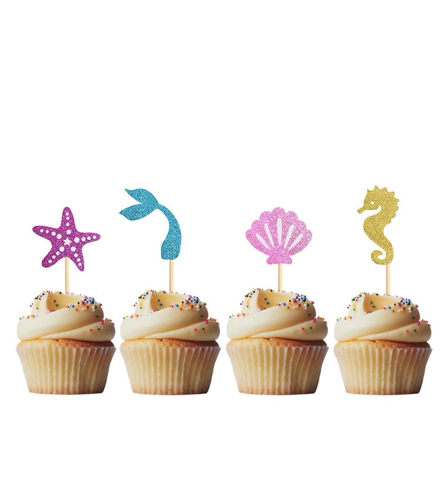 Morndew 24 PCS Glitter Starfish Shell Hippocampus Mermaid Tail Cupcake Toppers Ocean Theme Party Birthday Party Baby Shower Wedding Party Decoration - Buy Online on GoSupps.com