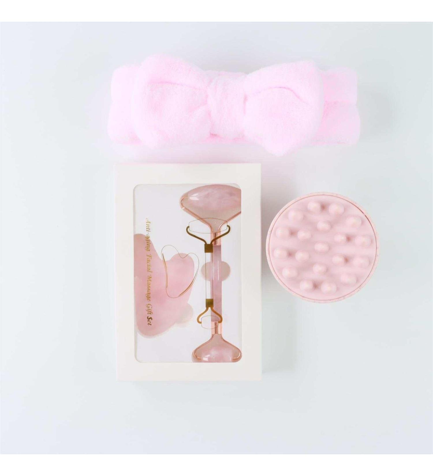 4-Pcs Jade Roller and Gua Sha Set Jade Roller for Face Gua Sha Jade Roller Gua Sha Stone Head Band and Head Brush Pink